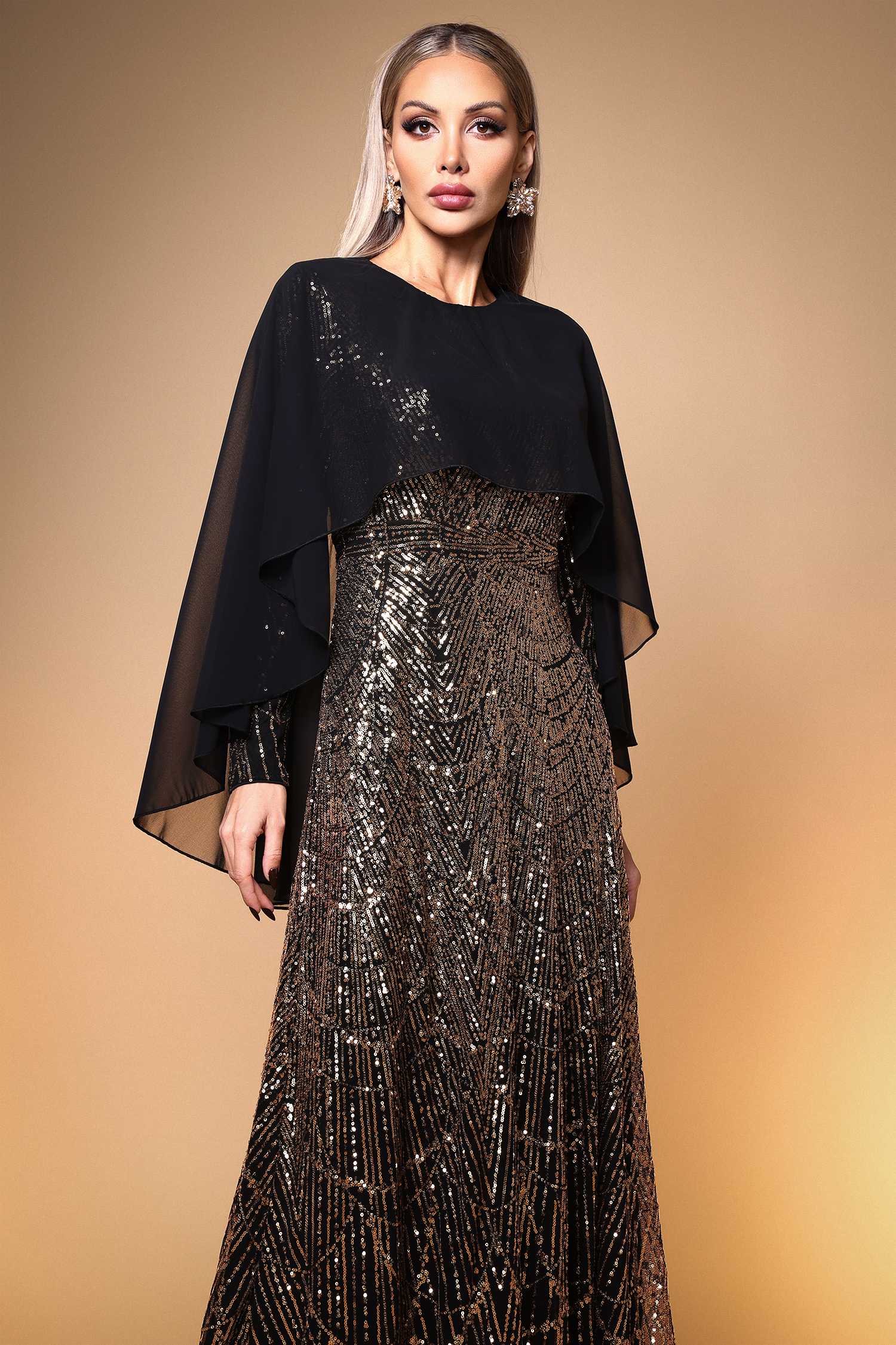 Sergio Elegant Contour Long Sleeve Mesh Shawl Sequin Maxi Dress