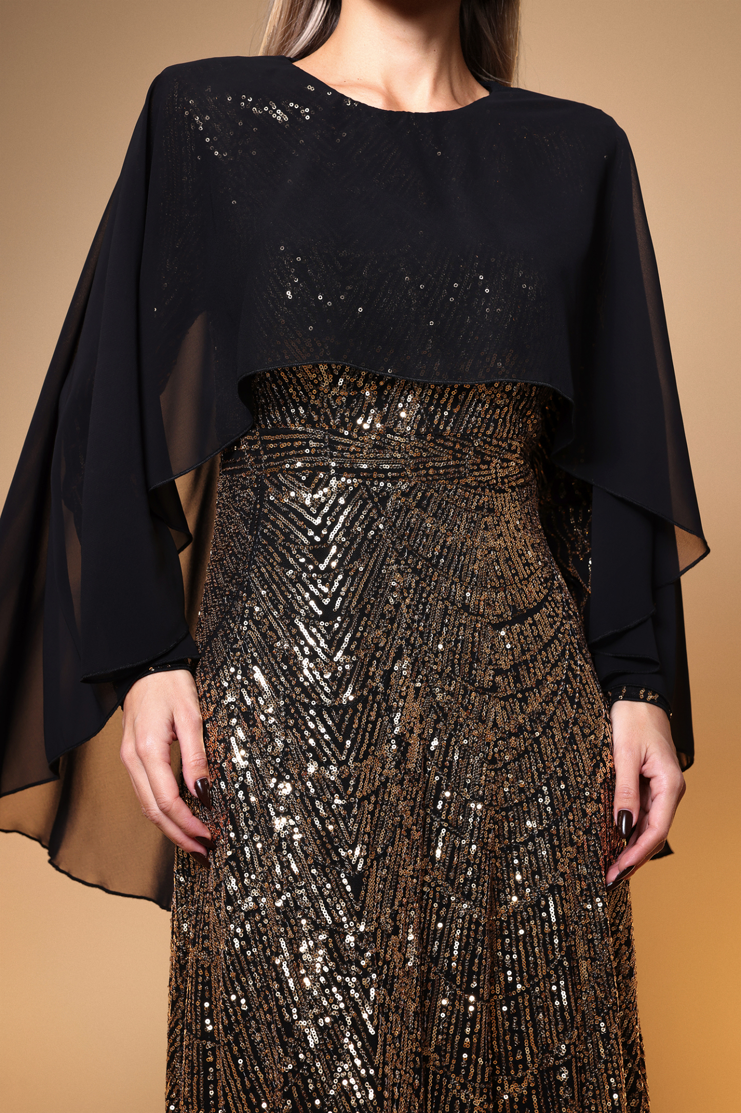 Sergio Elegant Contour Long Sleeve Mesh Shawl Sequin Maxi Dress