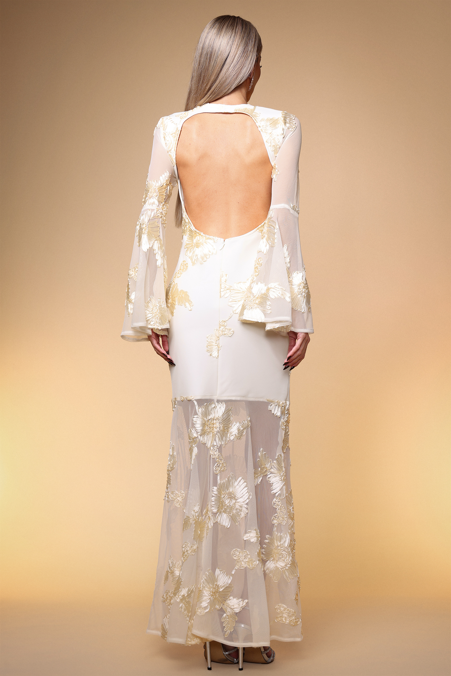 Mlisa Elegant Slimming Floral Embroidered Mesh Bandage Maxi Dress