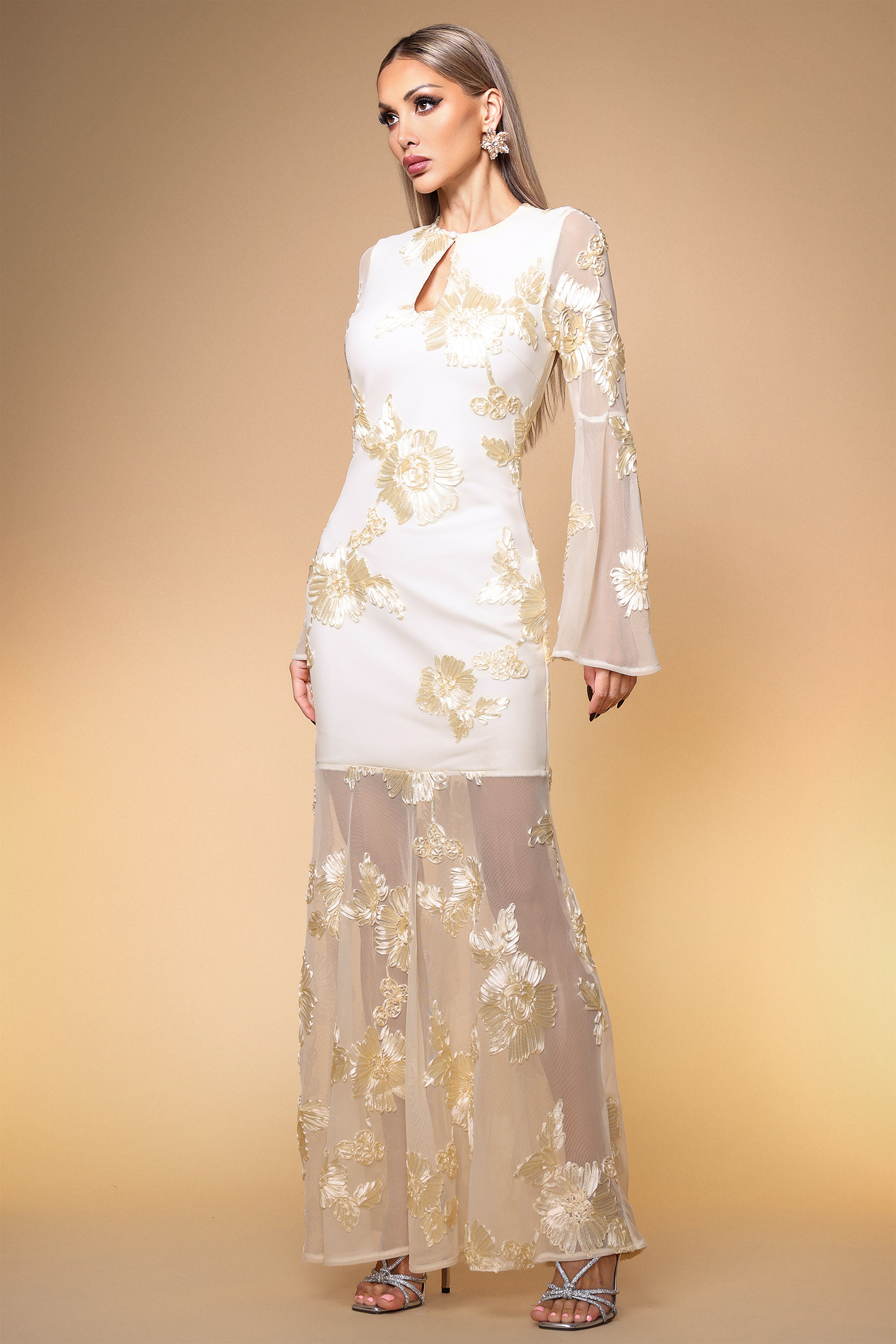 Mlisa Elegant Slimming Floral Embroidered Mesh Bandage Maxi Dress