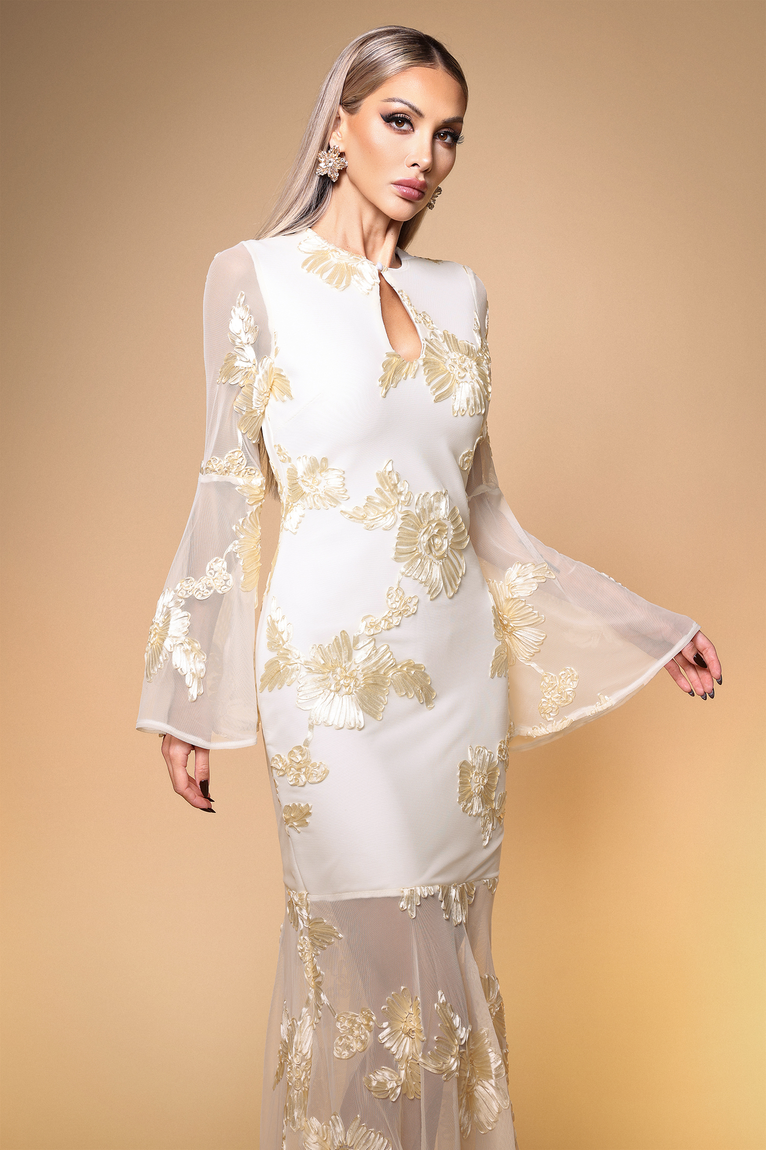 Mlisa Elegant Slimming Floral Embroidered Mesh Bandage Maxi Dress