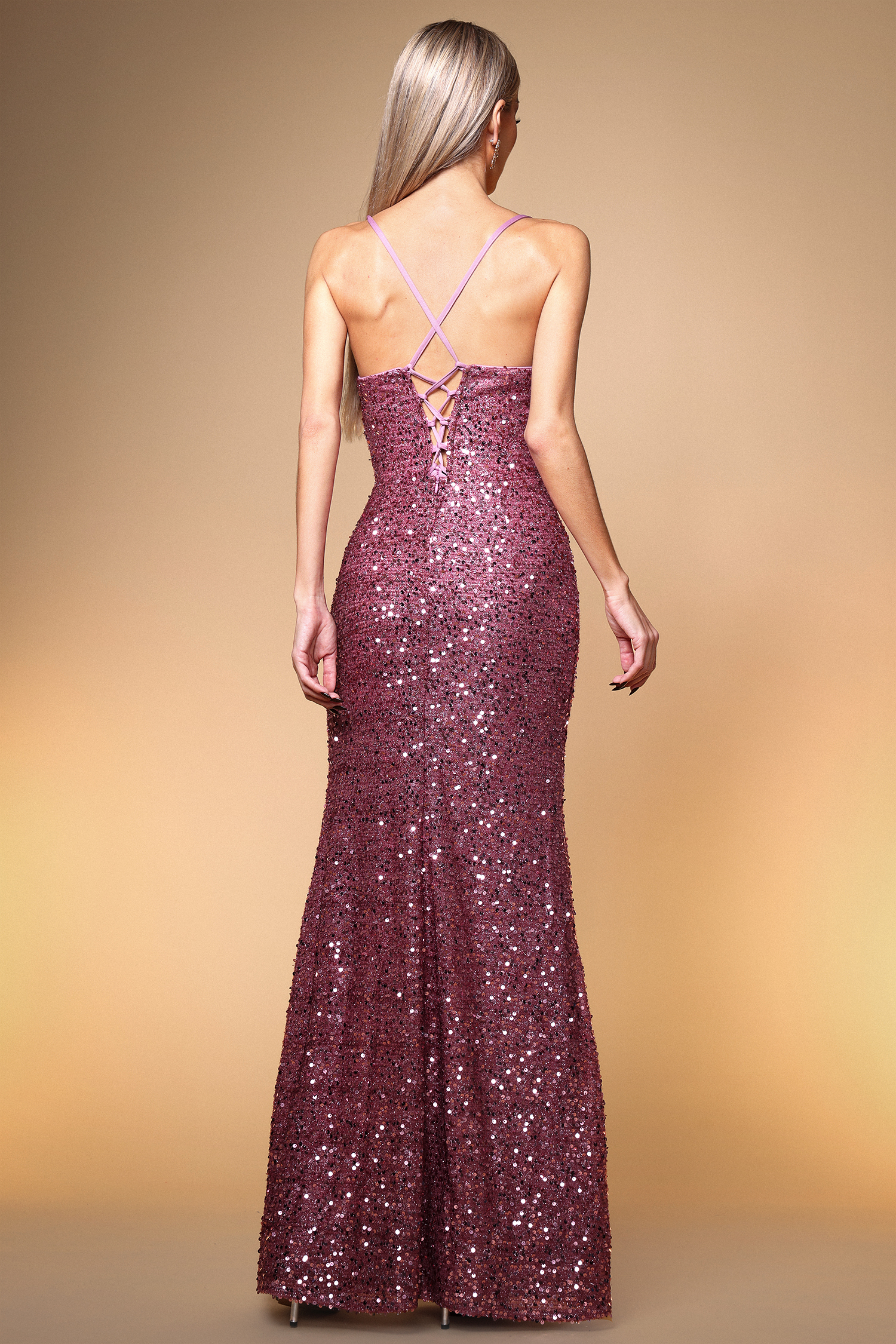 Juju Romantic Contour Ruched High Slit Sequin Maxi Dress