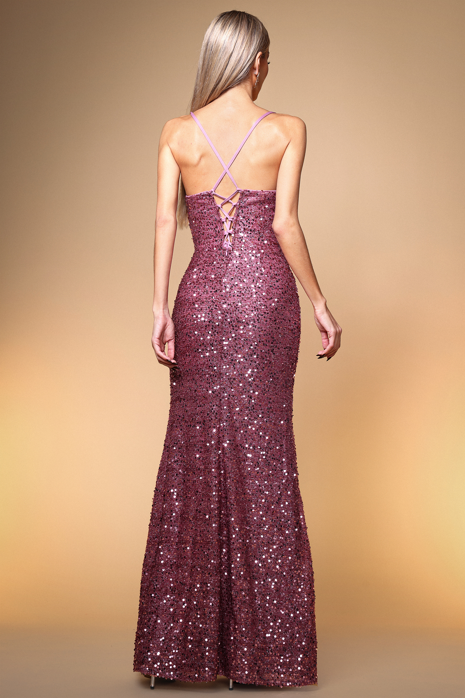 Juju Romantic Contour Ruched High Slit Sequin Maxi Dress