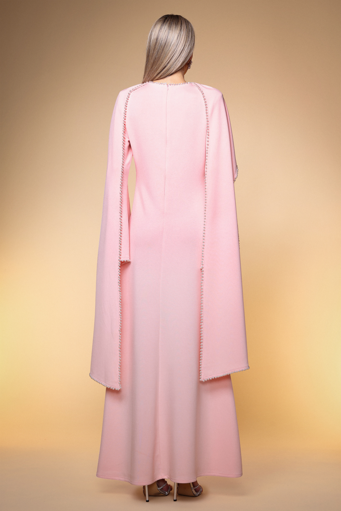 Selene Elegant Flowy Long Sleeve Pearl Scarf Maxi Dress