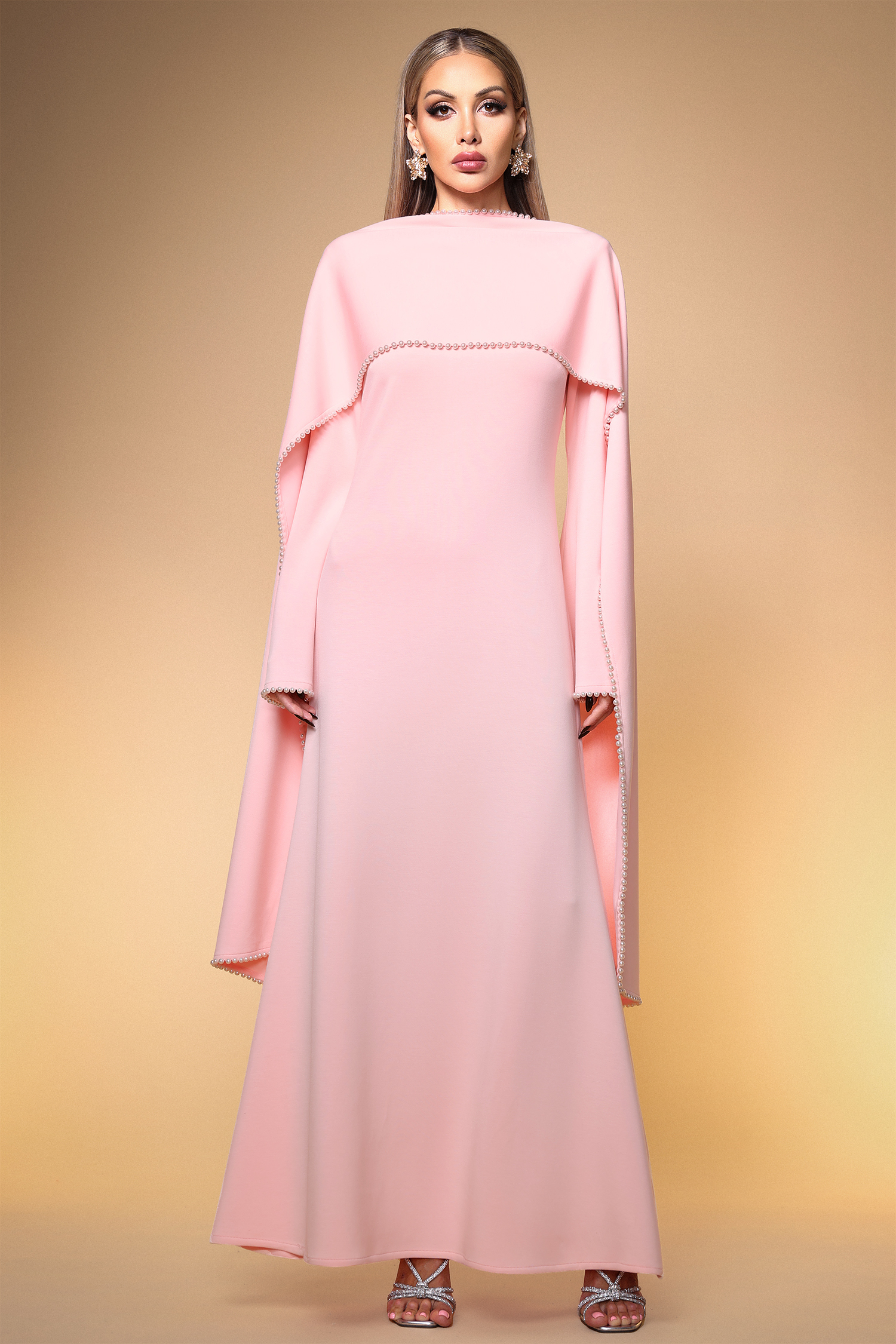 Selene Elegant Flowy Long Sleeve Pearl Scarf Maxi Dress
