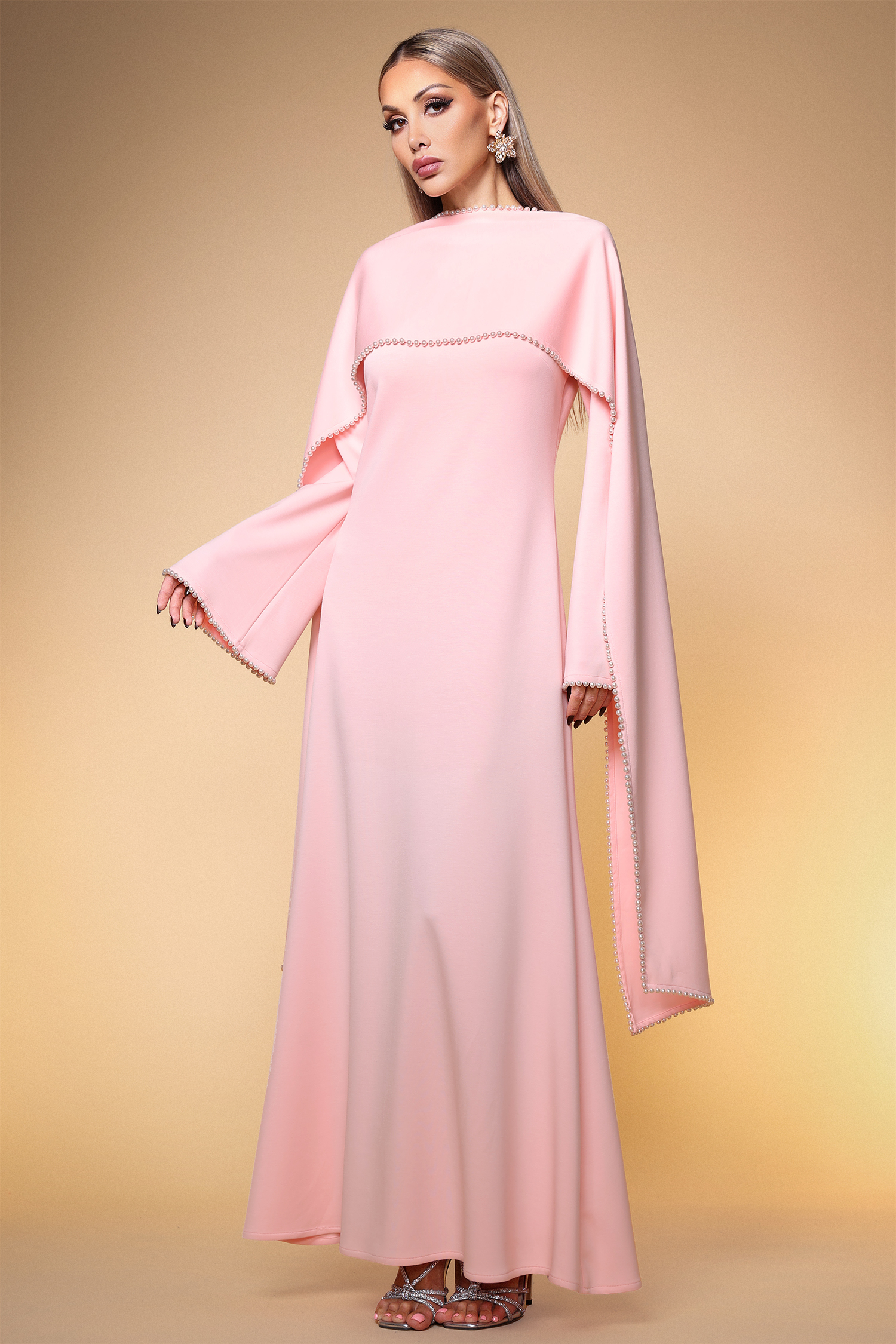 Selene Elegant Flowy Long Sleeve Pearl Scarf Maxi Dress