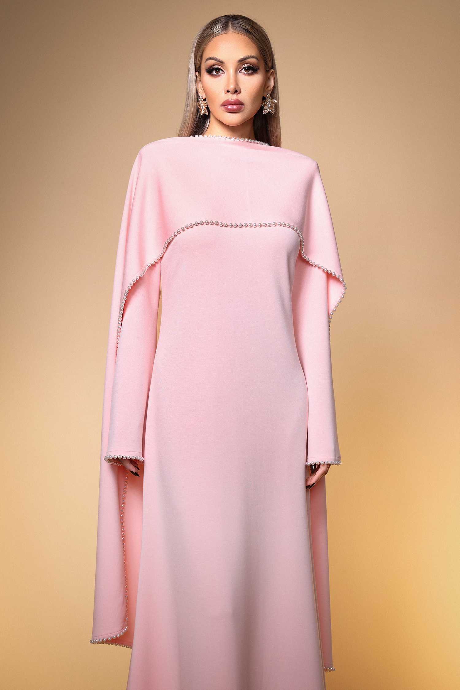 Selene Elegant Flowy Long Sleeve Pearl Scarf Maxi Dress