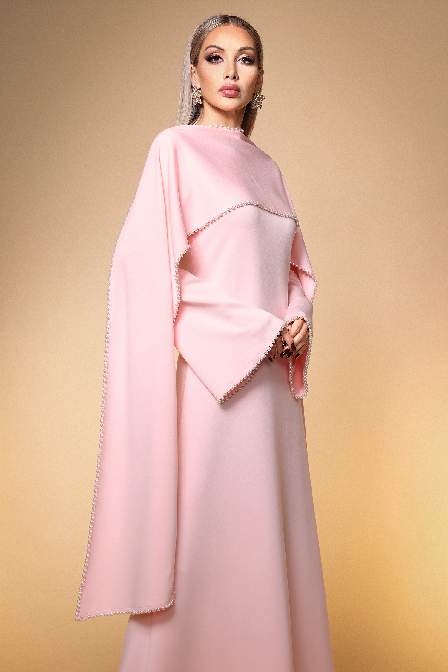 Selene Elegant Flowy Long Sleeve Pearl Scarf Maxi Dress