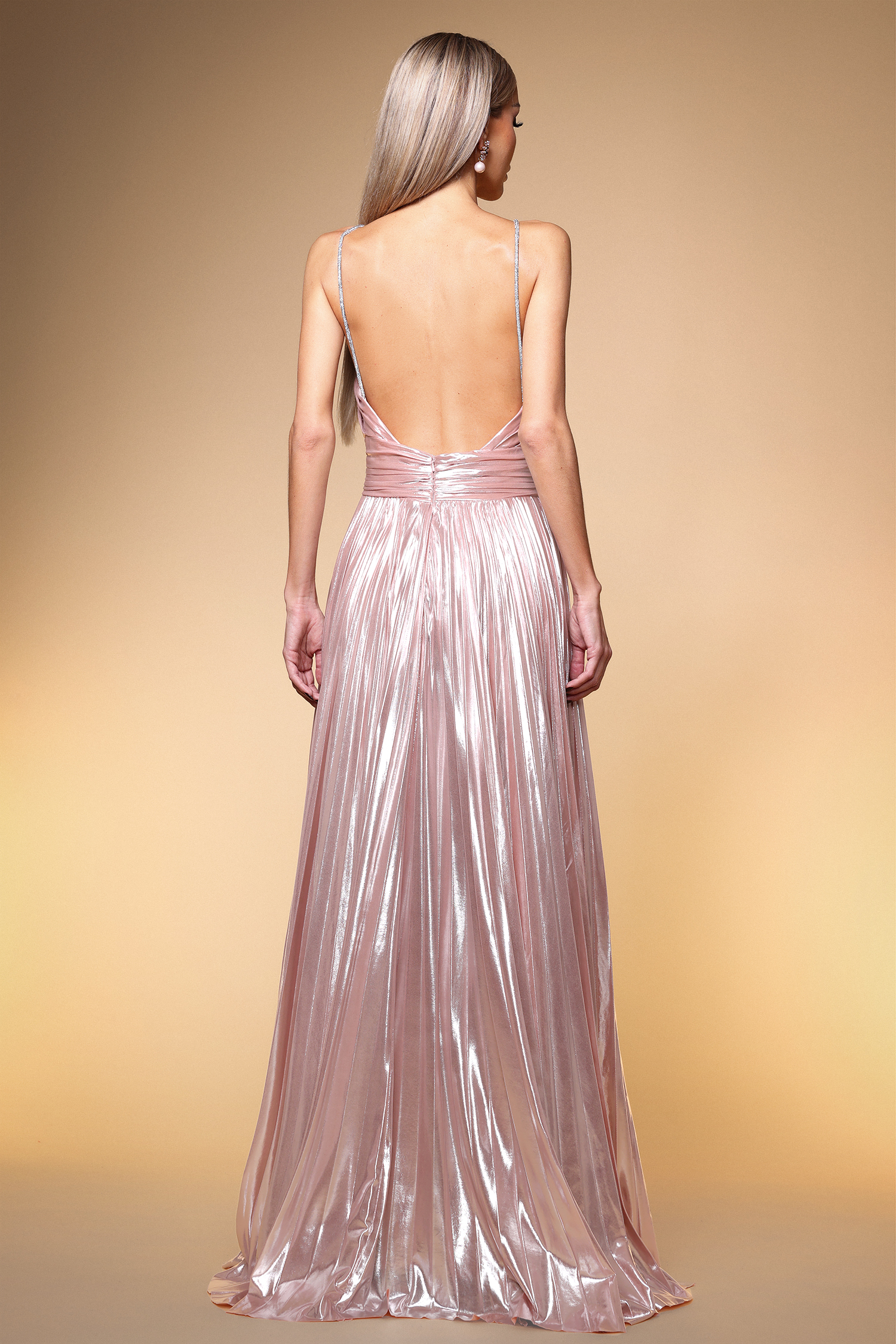 Fifer Elegant Lustrous Halter Cut Out Ruched Hign Slit Maxi Dress