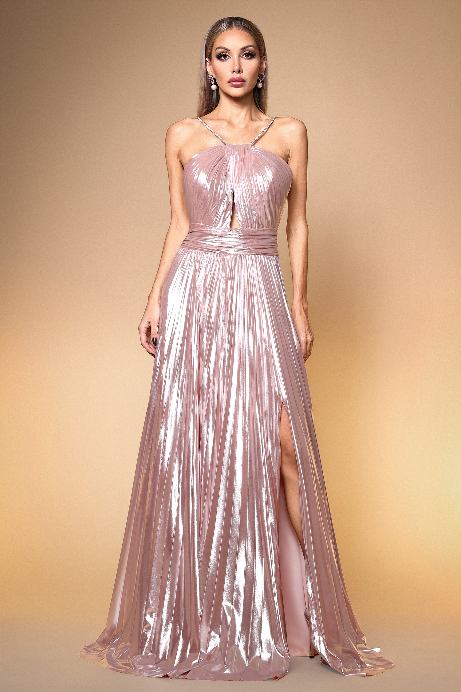 Fifer Elegant Lustrous Halter Cut Out Ruched Hign Slit Maxi Dress