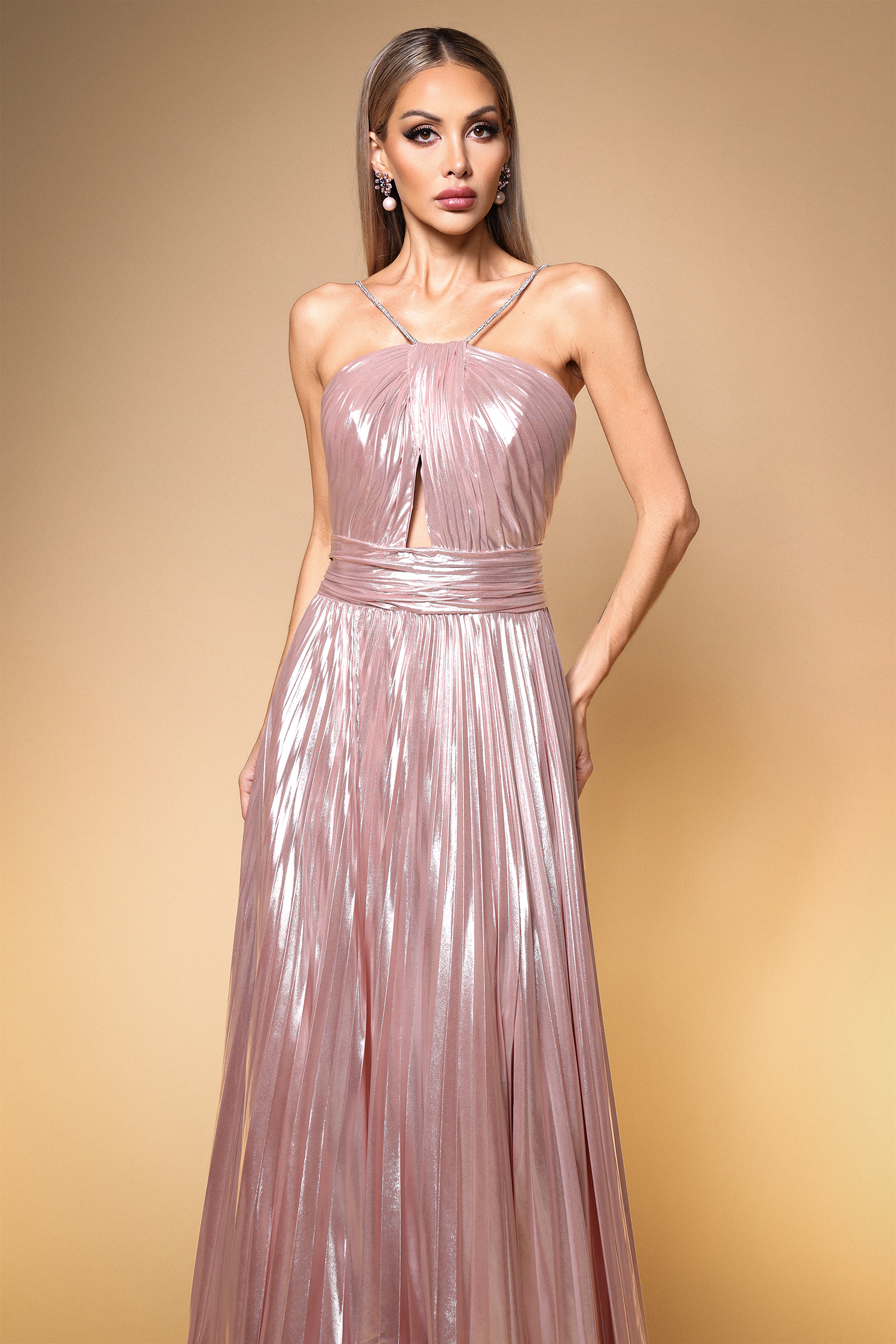 Fifer Elegant Lustrous Halter Cut Out Ruched Hign Slit Maxi Dress