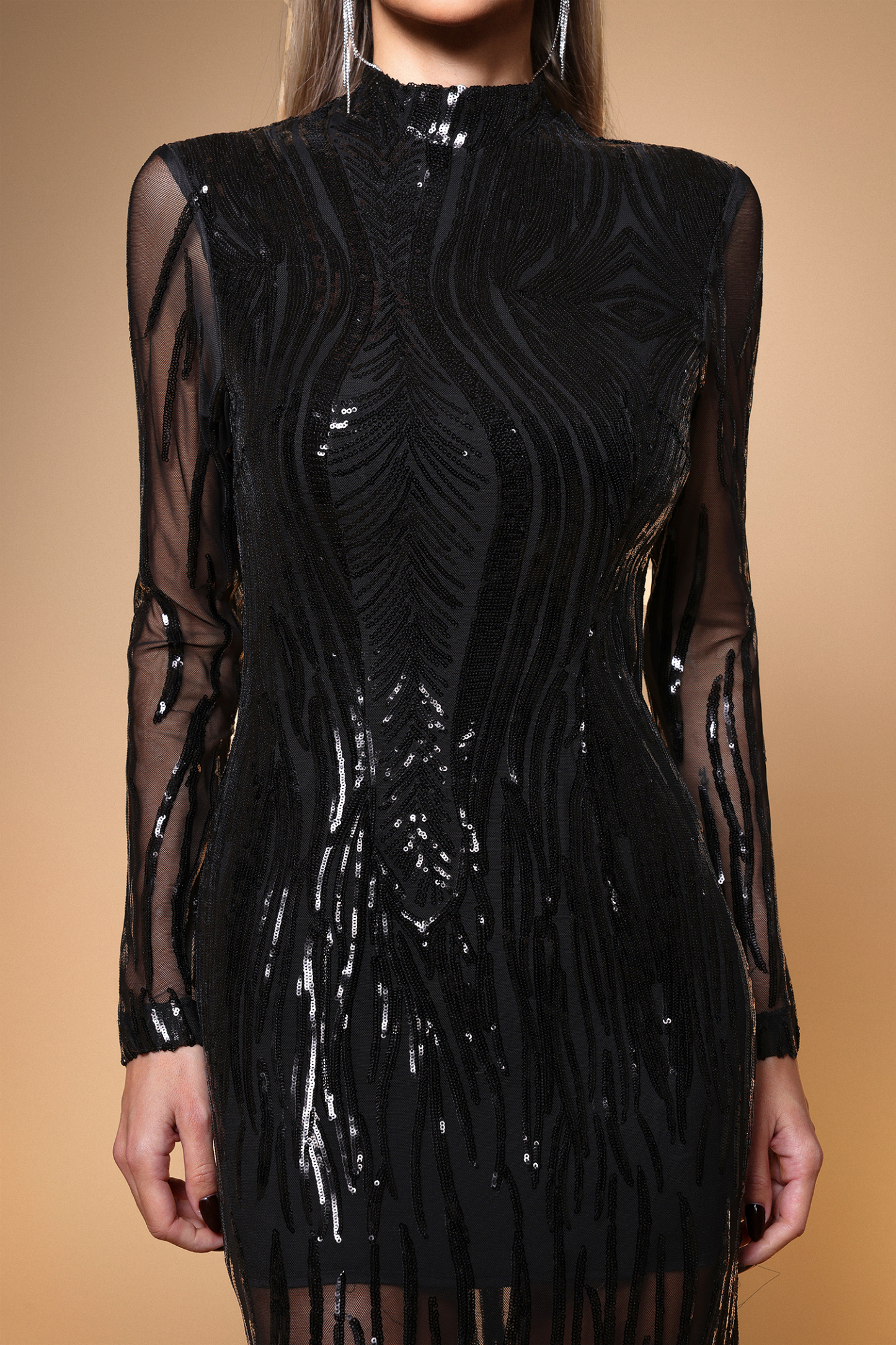 Edda Sexy Contour Long Sleeve Feather Sequin Mesh Midi Dress