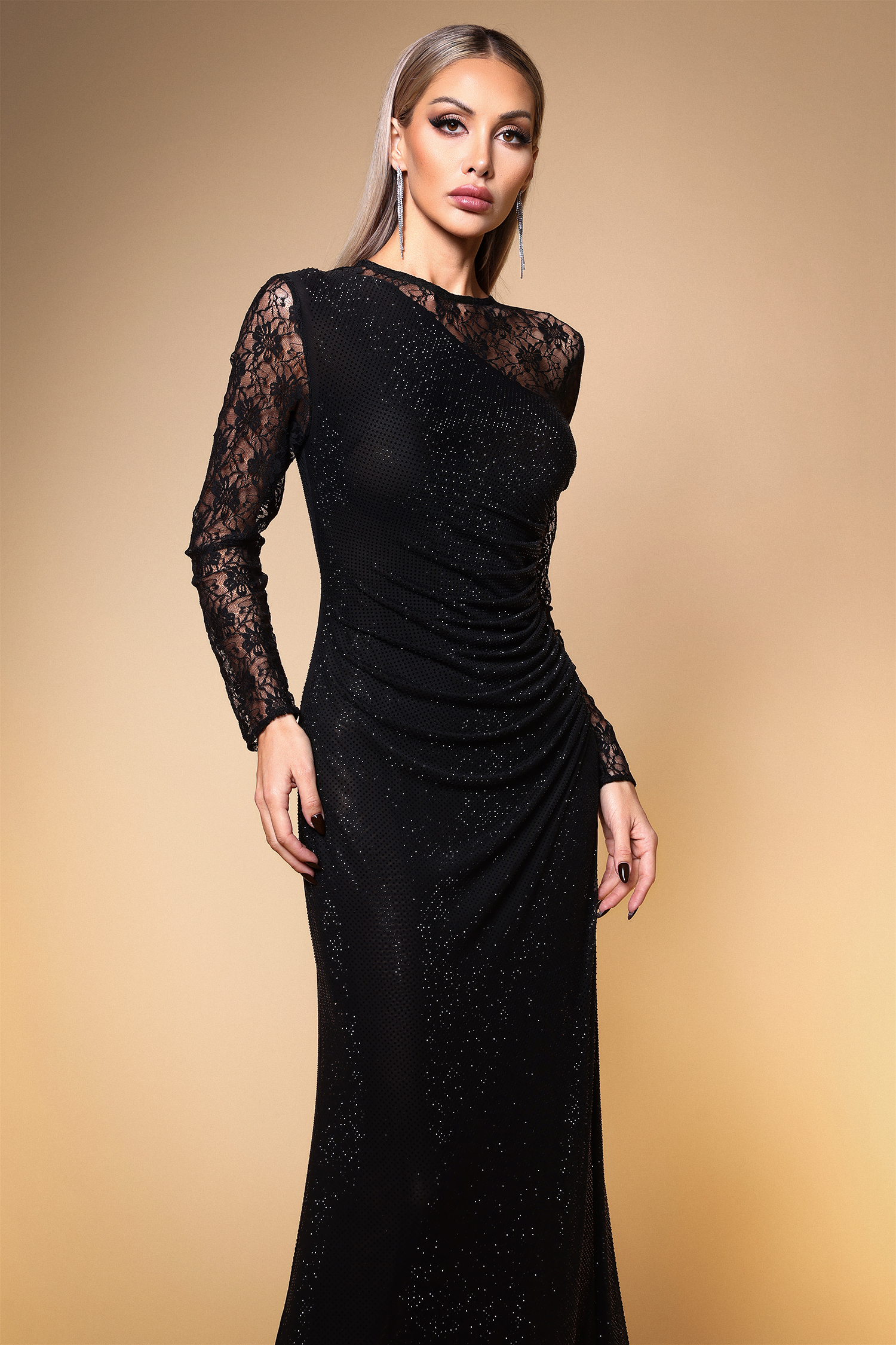 Uabeza Sexy Contour Long Sleeve Ruched Crystal Lace Maxi Dress