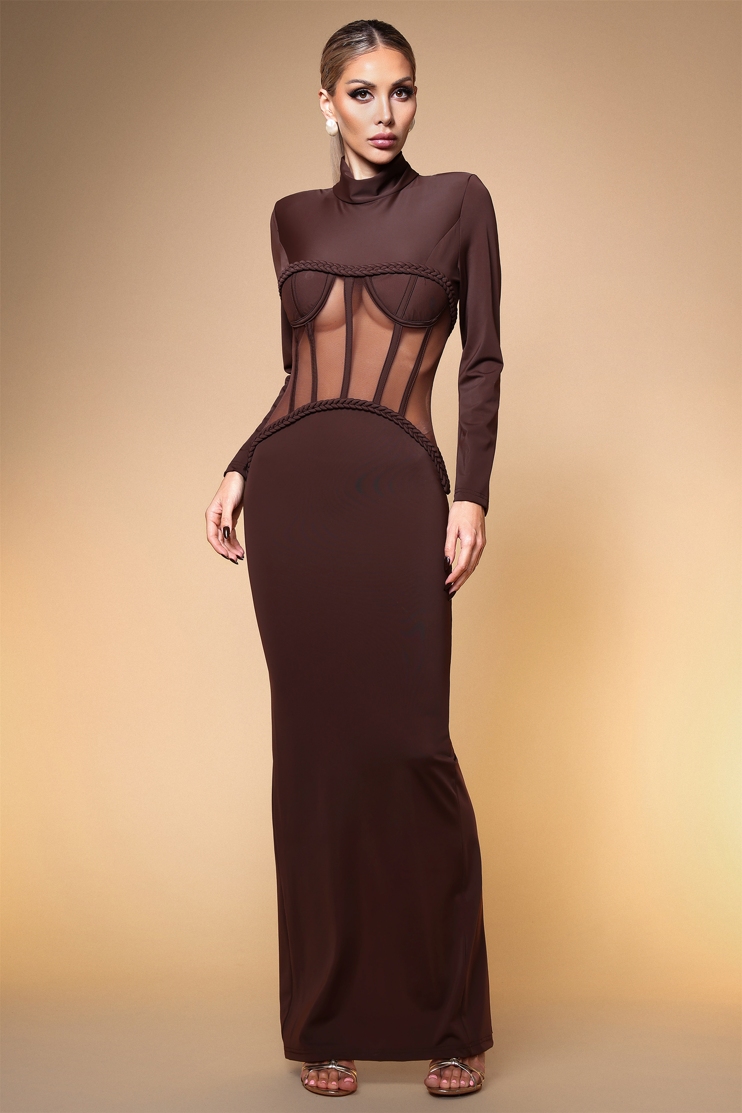 Enene Sexy Contour Long Sleeve Sheer Corset Maxi Dress