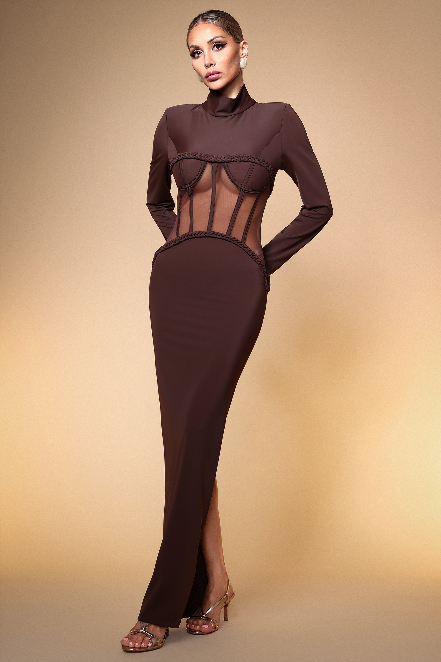 Enene Sexy Contour Long Sleeve Sheer Corset Maxi Dress