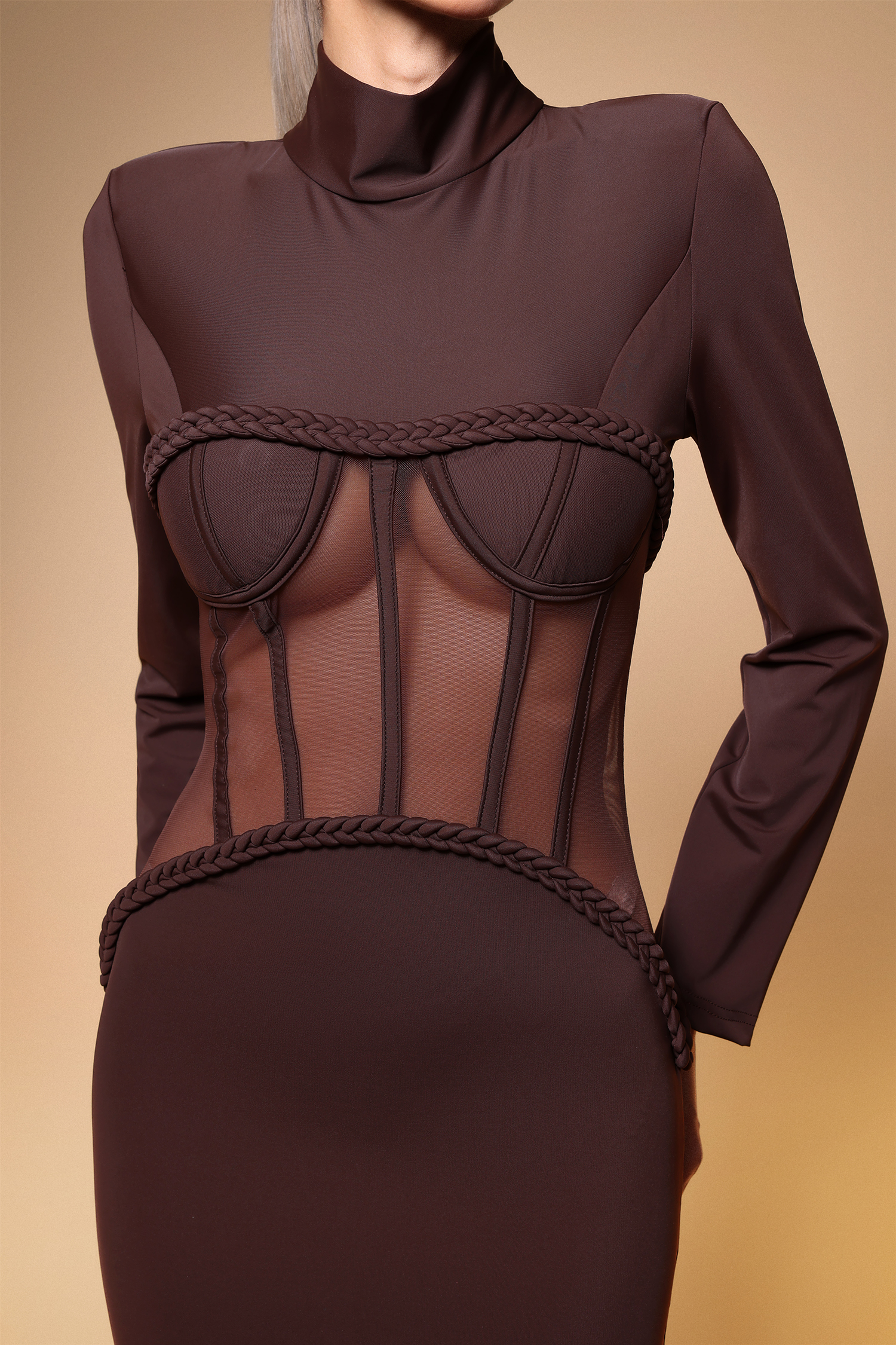 Enene Sexy Contour Long Sleeve Sheer Corset Maxi Dress