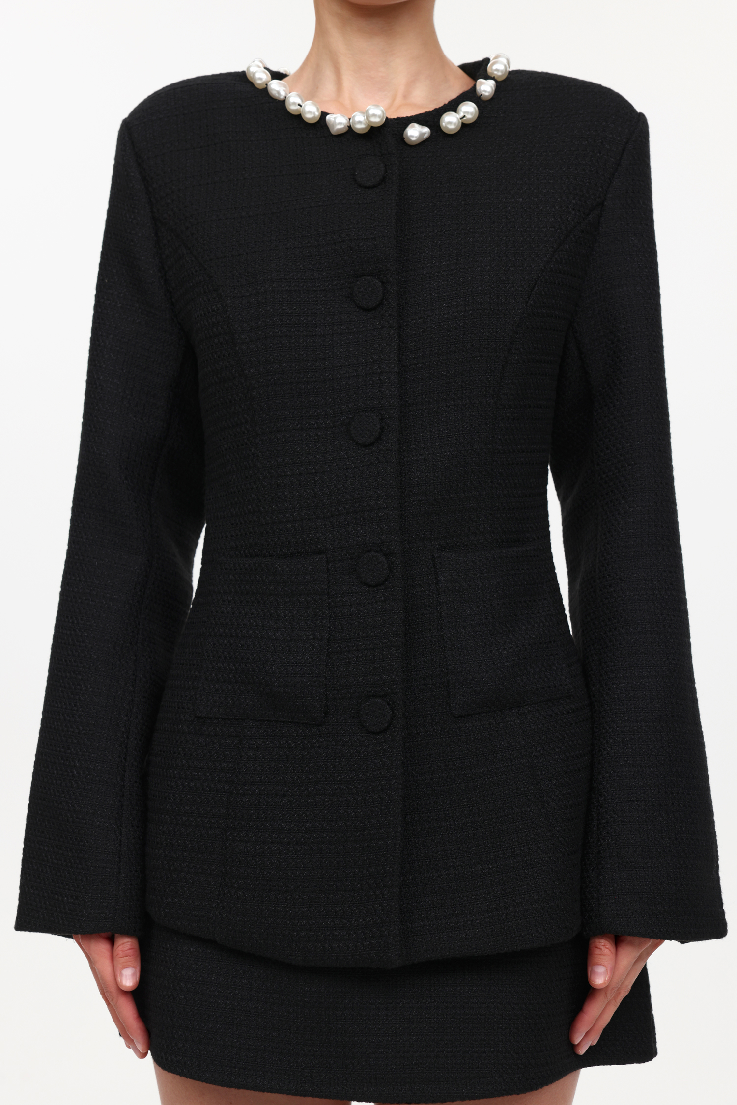 Gabriella Classic Tailored Round Neck Long Sleeve Pearl Woven Top And Skirt Two-Piece Set