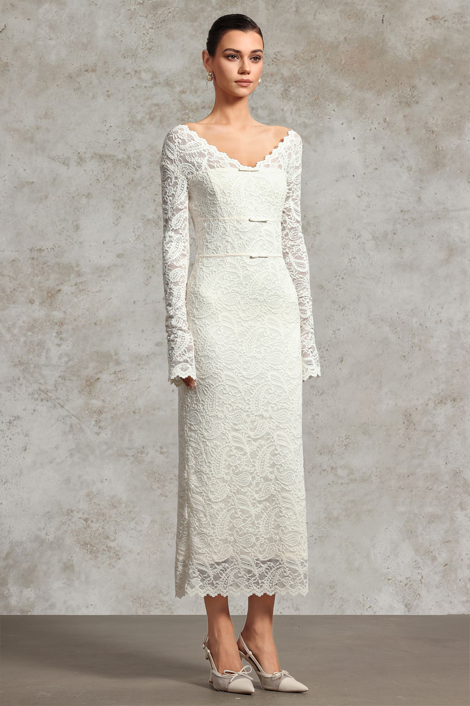 Niki Elegant Waist-Defining V Neck Long Sleeve Lace Knit Maxi Dress