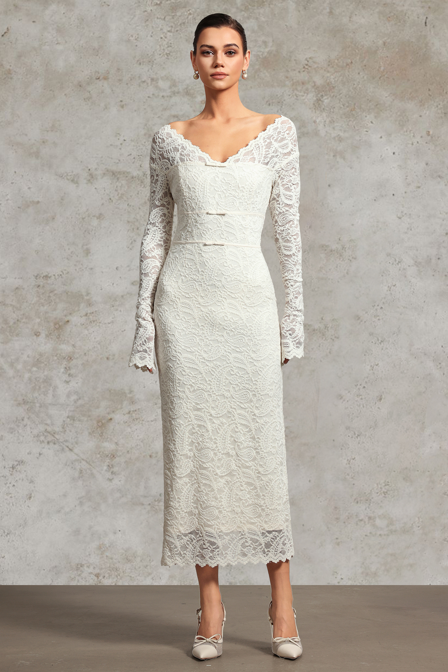 Niki Elegant Waist-Defining V Neck Long Sleeve Lace Knit Maxi Dress