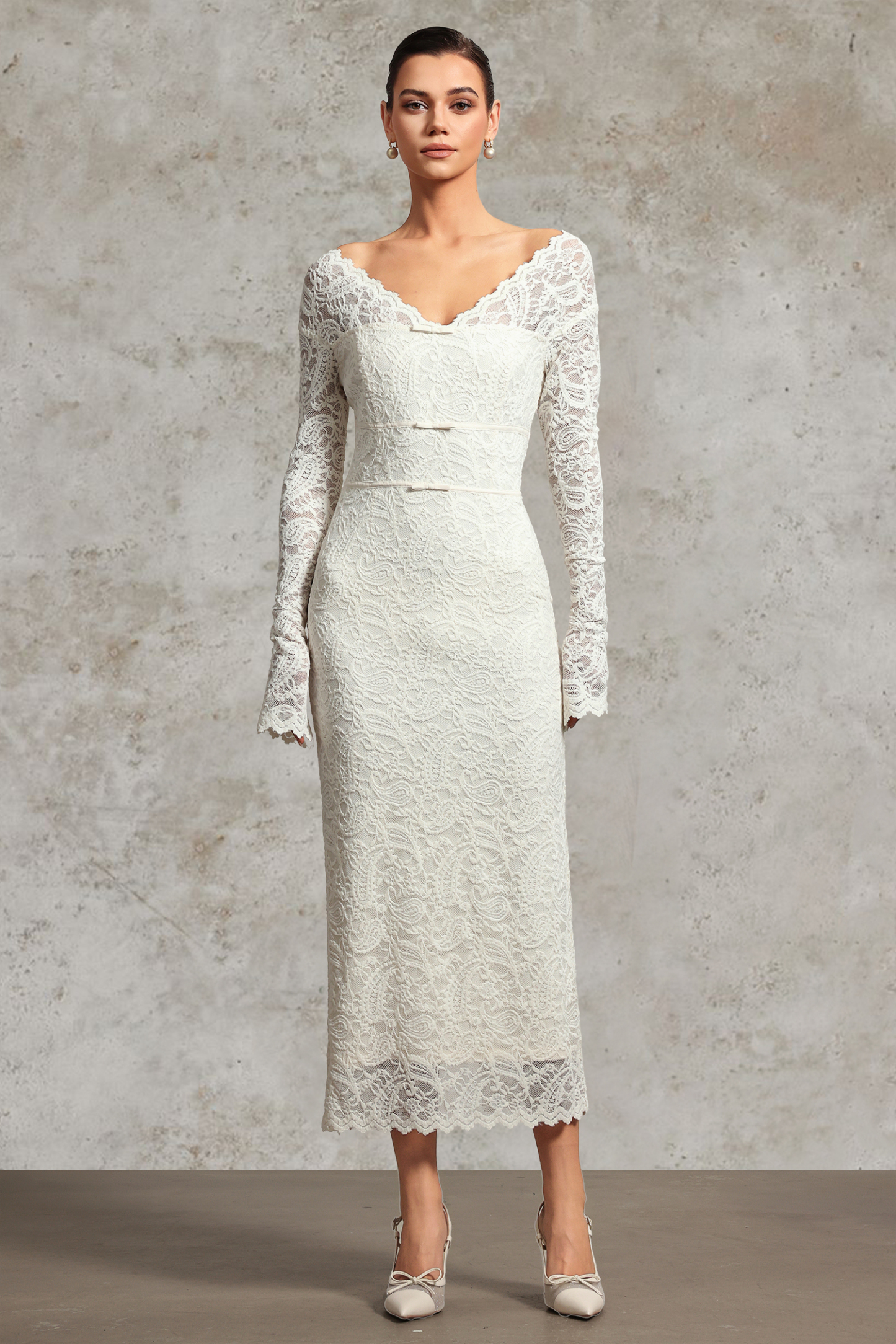 Niki Elegant Waist-Defining V Neck Long Sleeve Lace Knit Maxi Dress