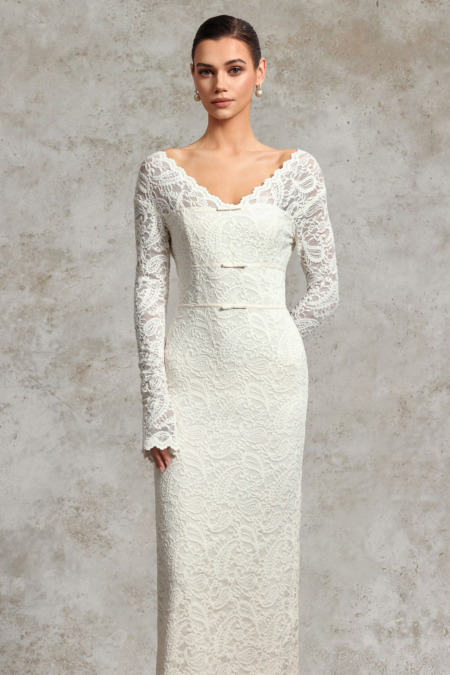 Niki Elegant Waist-Defining V Neck Long Sleeve Lace Knit Maxi Dress