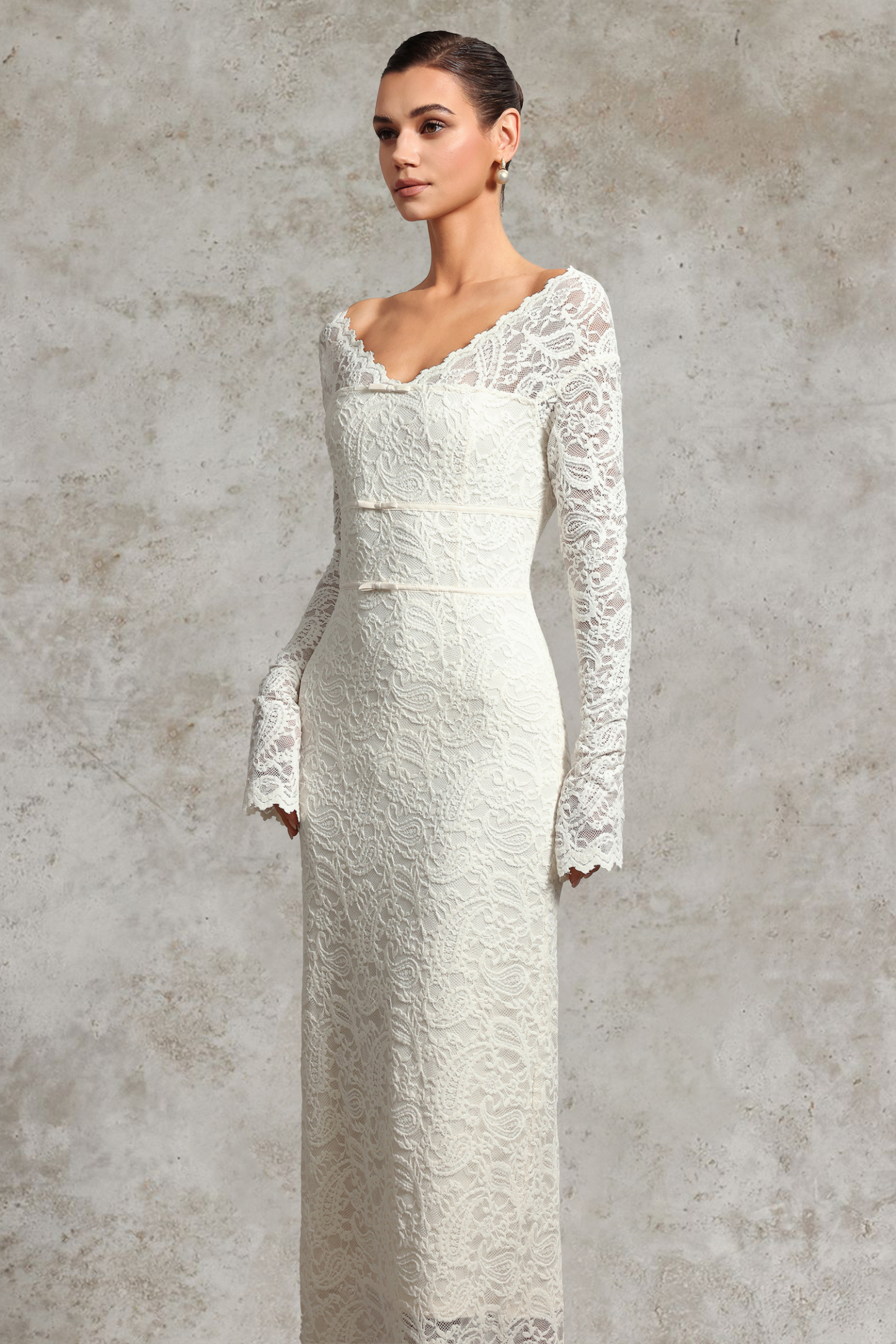 Niki Elegant Waist-Defining V Neck Long Sleeve Lace Knit Maxi Dress