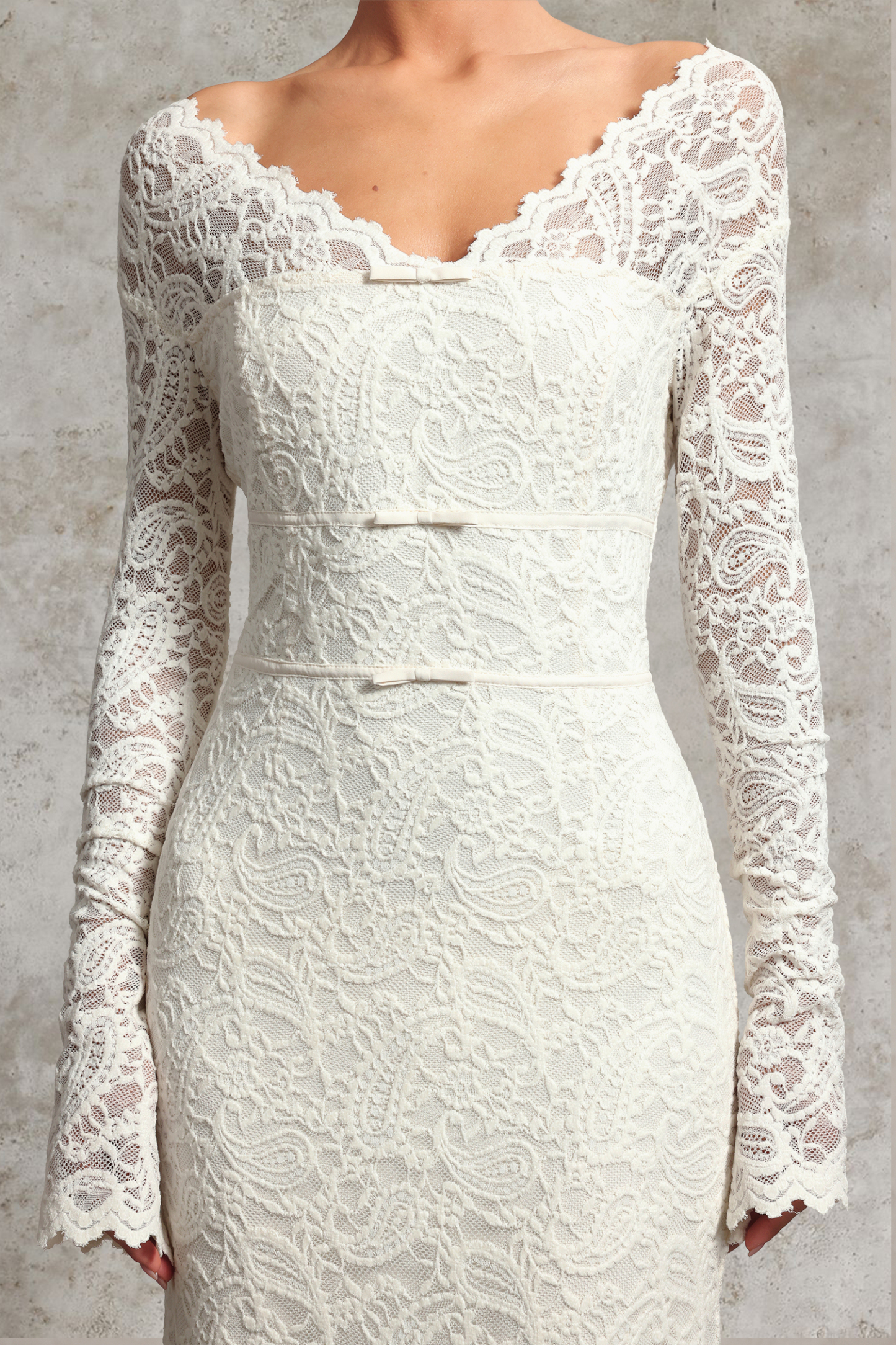 Niki Elegant Waist-Defining V Neck Long Sleeve Lace Knit Maxi Dress