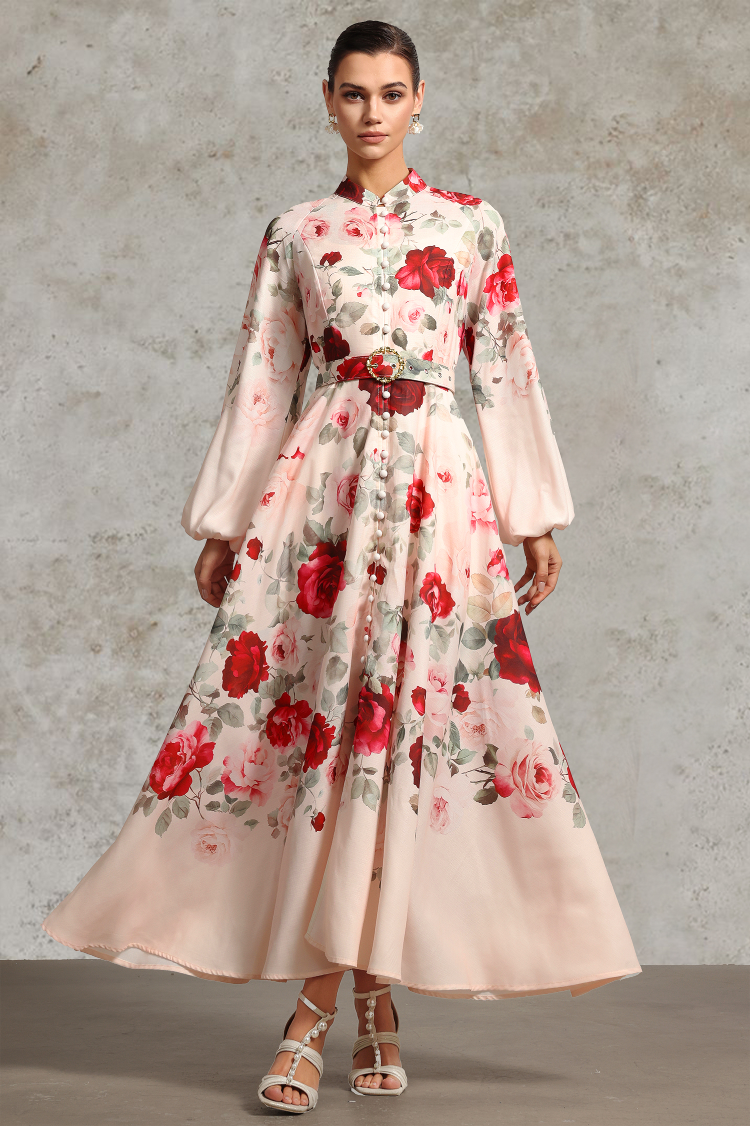 Rucifa Resort Flowy Long Sleeve Printed Woven Maxi Dress