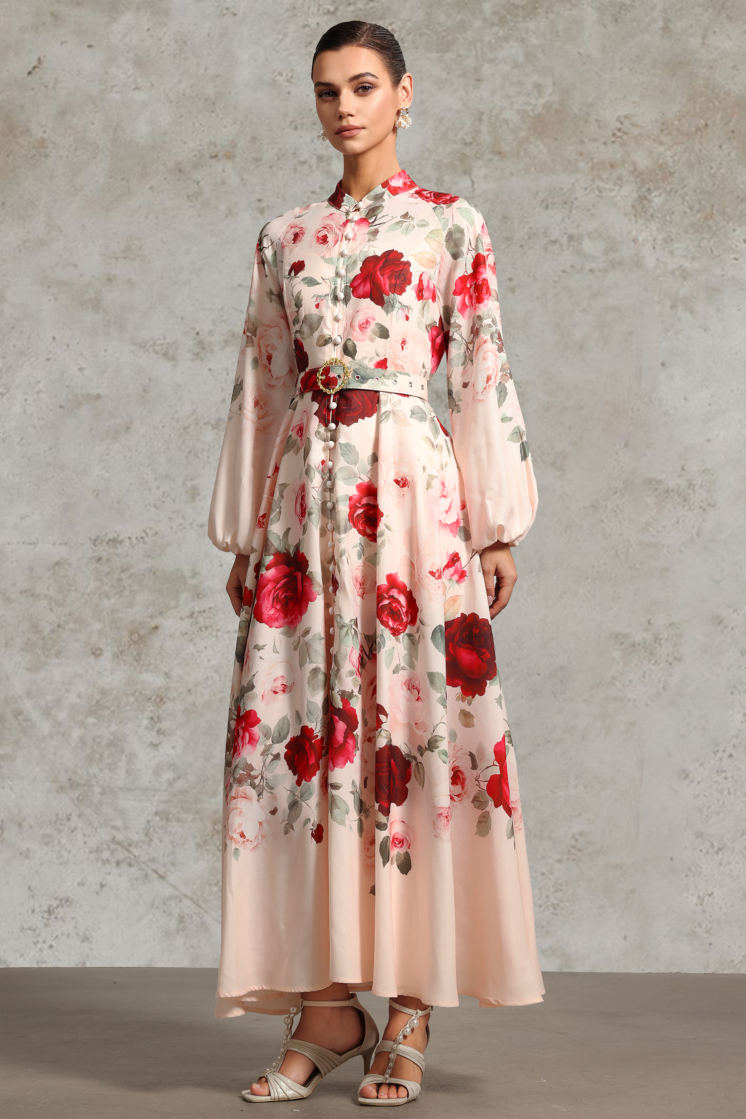 Rucifa Resort Flowy Long Sleeve Printed Woven Maxi Dress