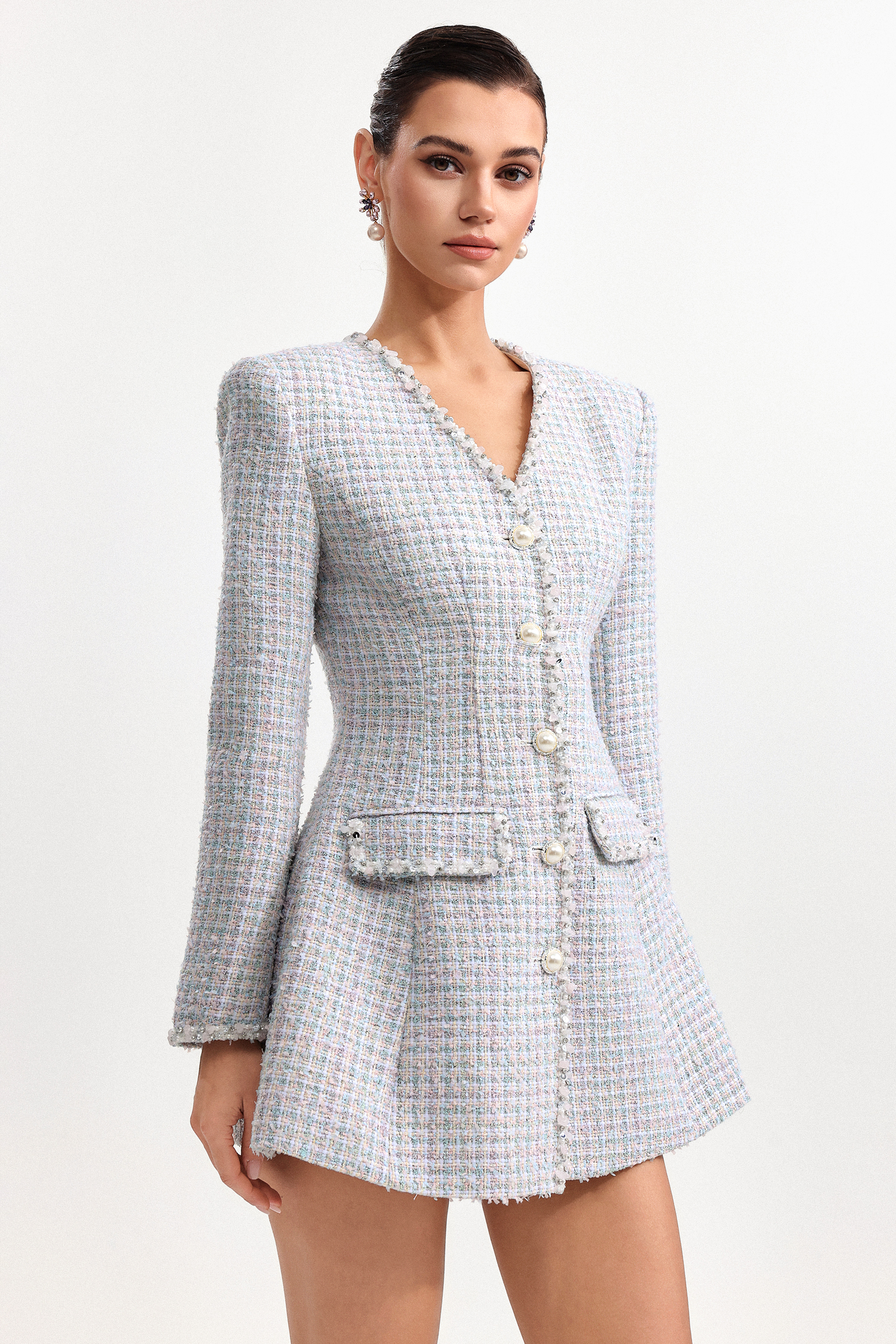 Gearoid Elegant Cinched Waist V Neck Long Sleeve Tweed Mini Dress