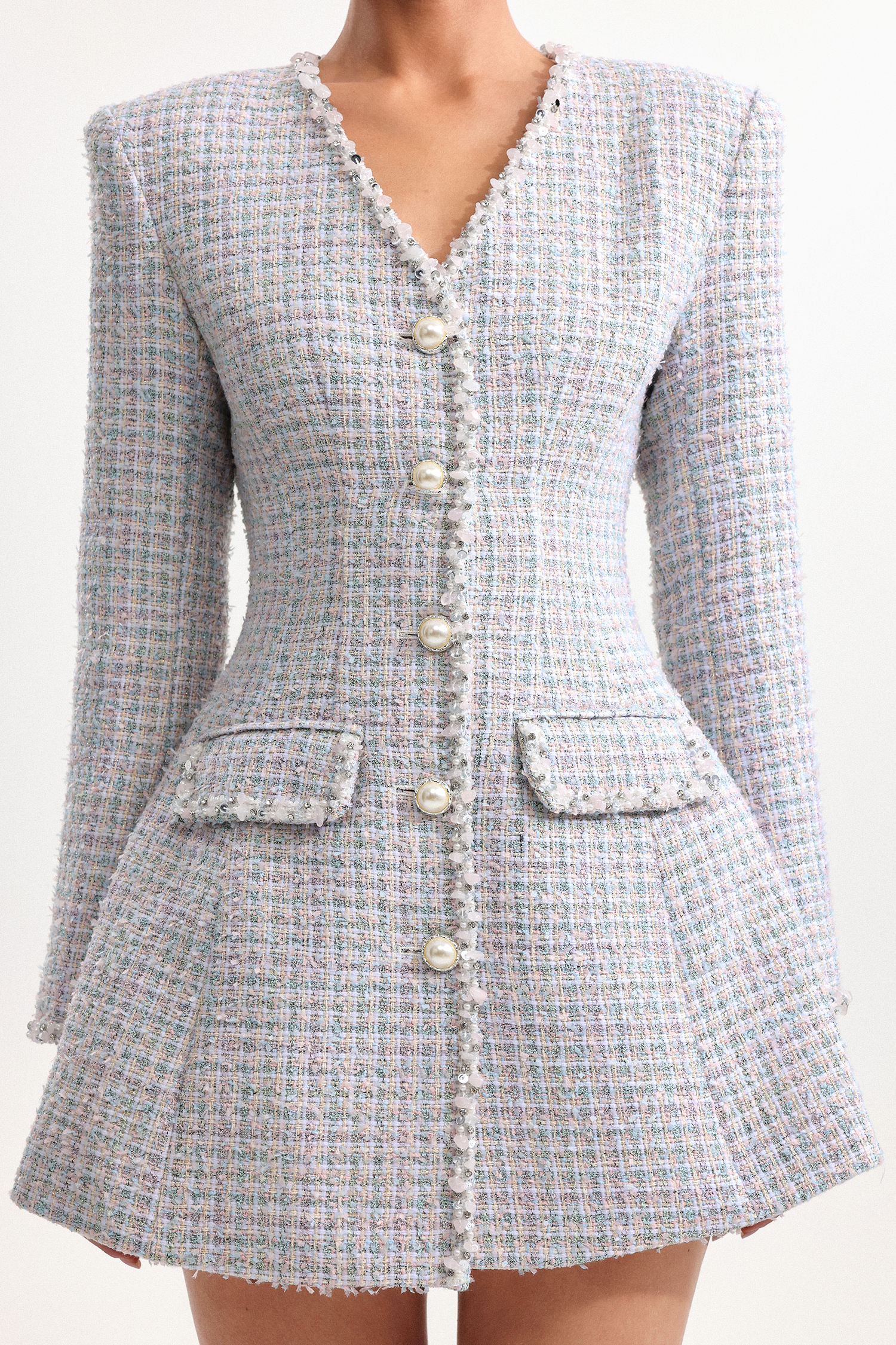 Gearoid Elegant Cinched Waist V Neck Long Sleeve Tweed Mini Dress