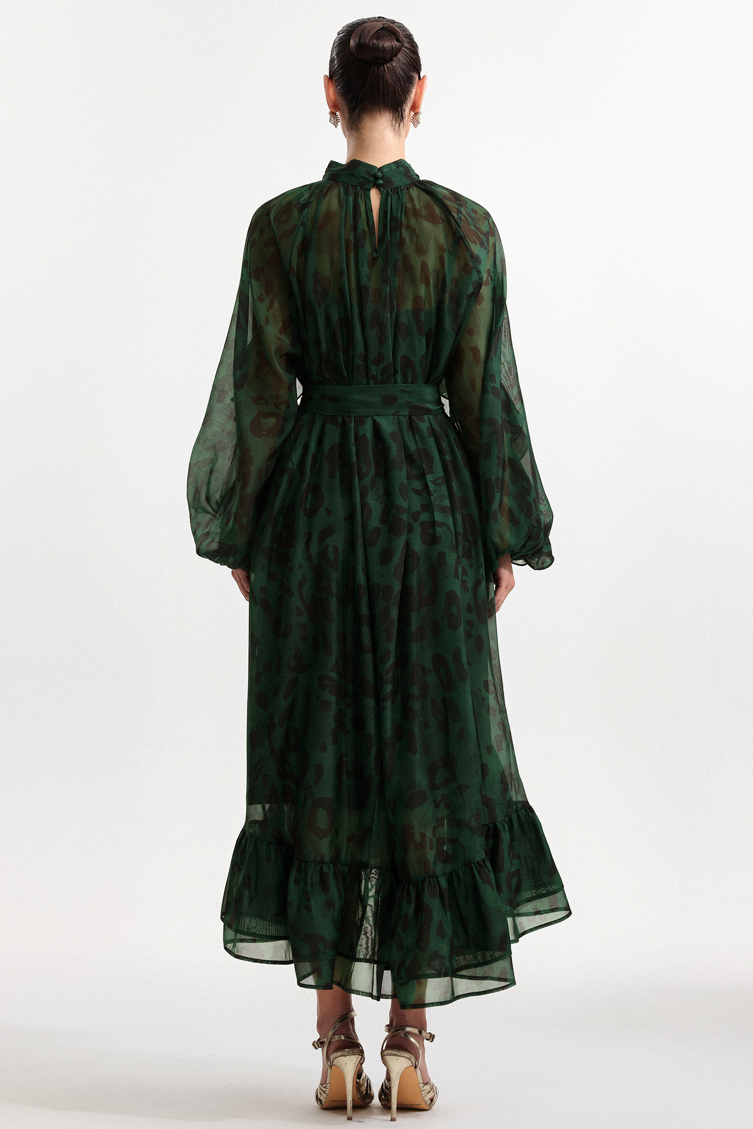 Presley Resort Flowy Long Sleeve Falbala Printed Organza Green Maxi Dress