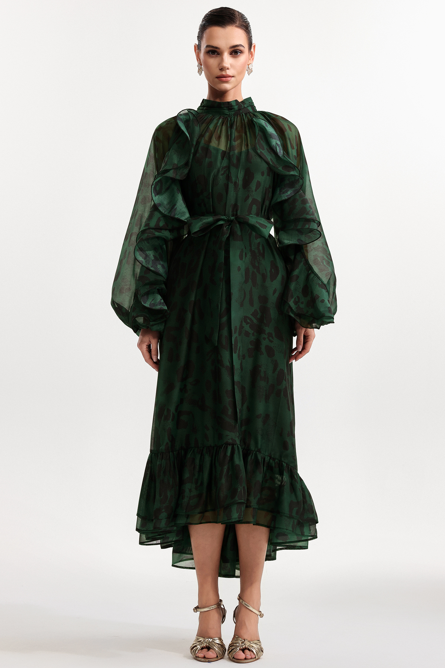 Presley Resort Flowy Long Sleeve Falbala Printed Organza Green Maxi Dress