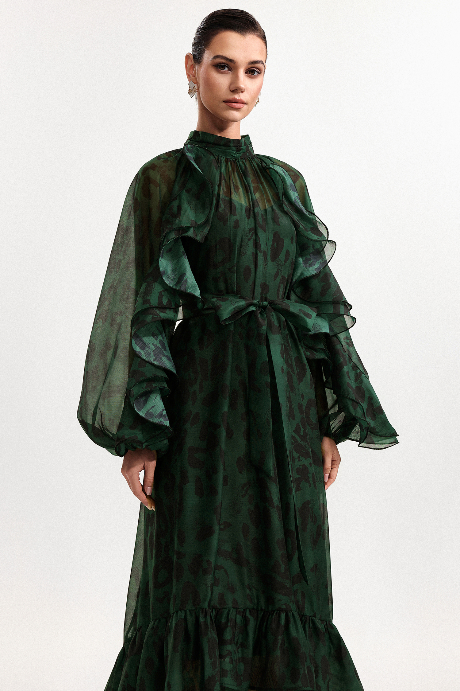 Presley Resort Flowy Long Sleeve Falbala Printed Organza Green Maxi Dress
