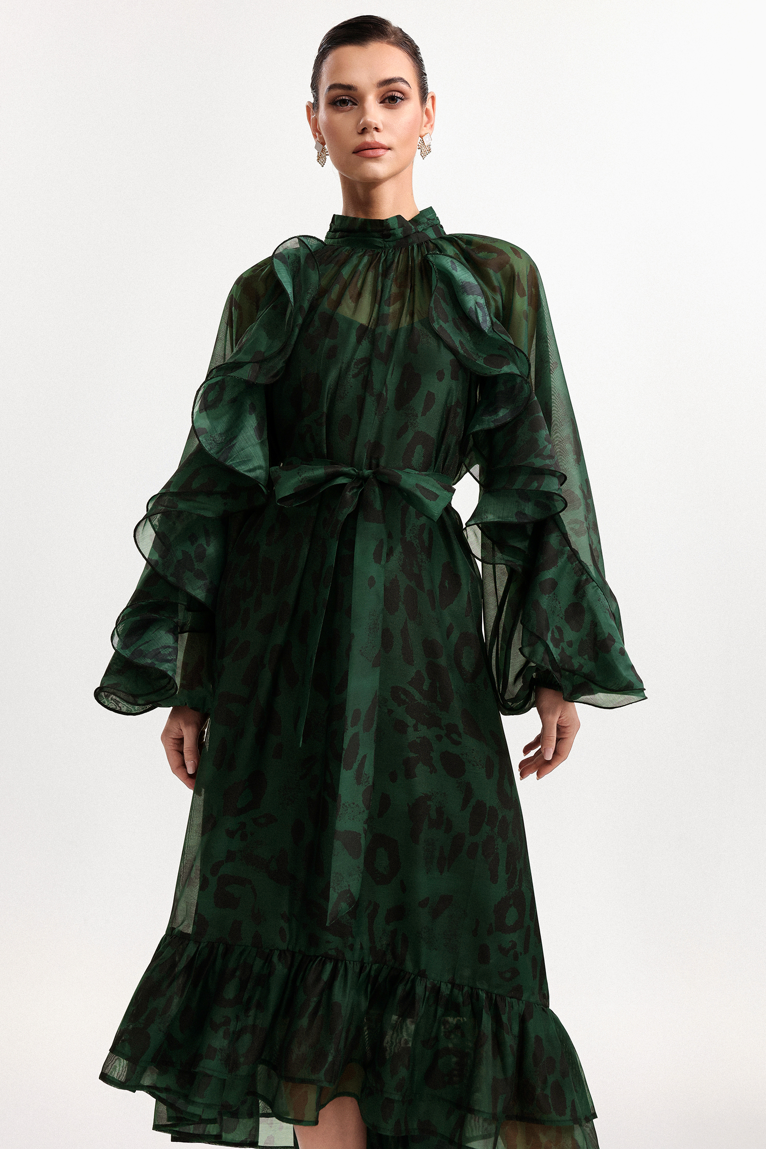 Presley Resort Flowy Long Sleeve Falbala Printed Organza Green Maxi Dress