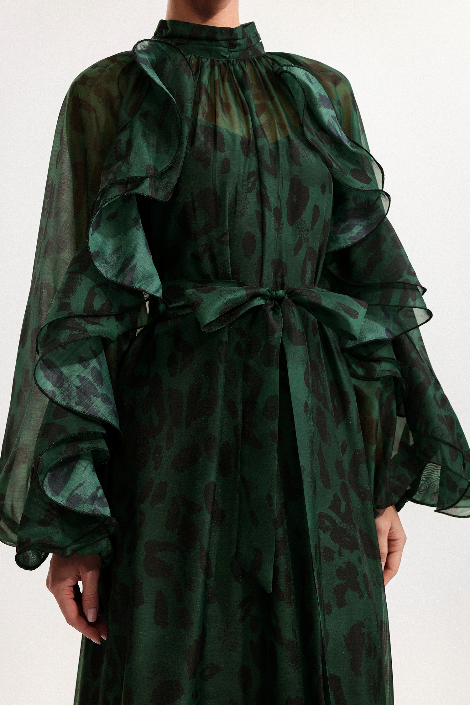 Presley Resort Flowy Long Sleeve Falbala Printed Organza Green Maxi Dress