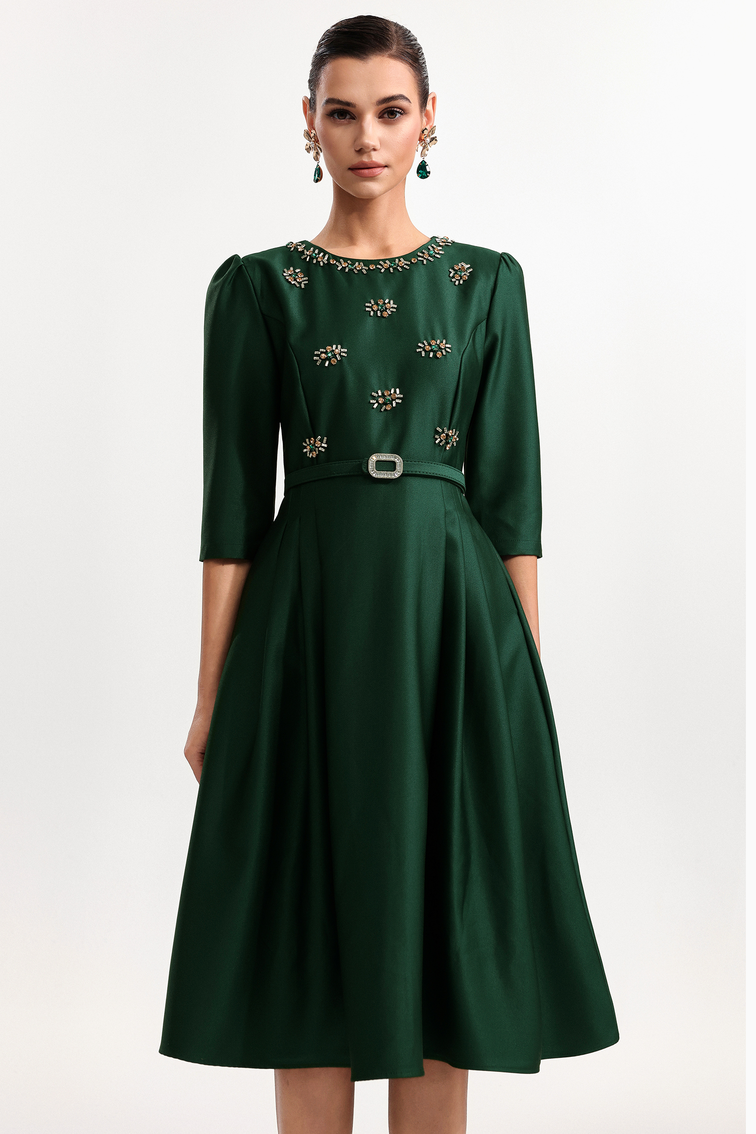 Unico Vintage Cinched Waist Round Neck Half Sleeve Rhinestone Woven Midi Dress