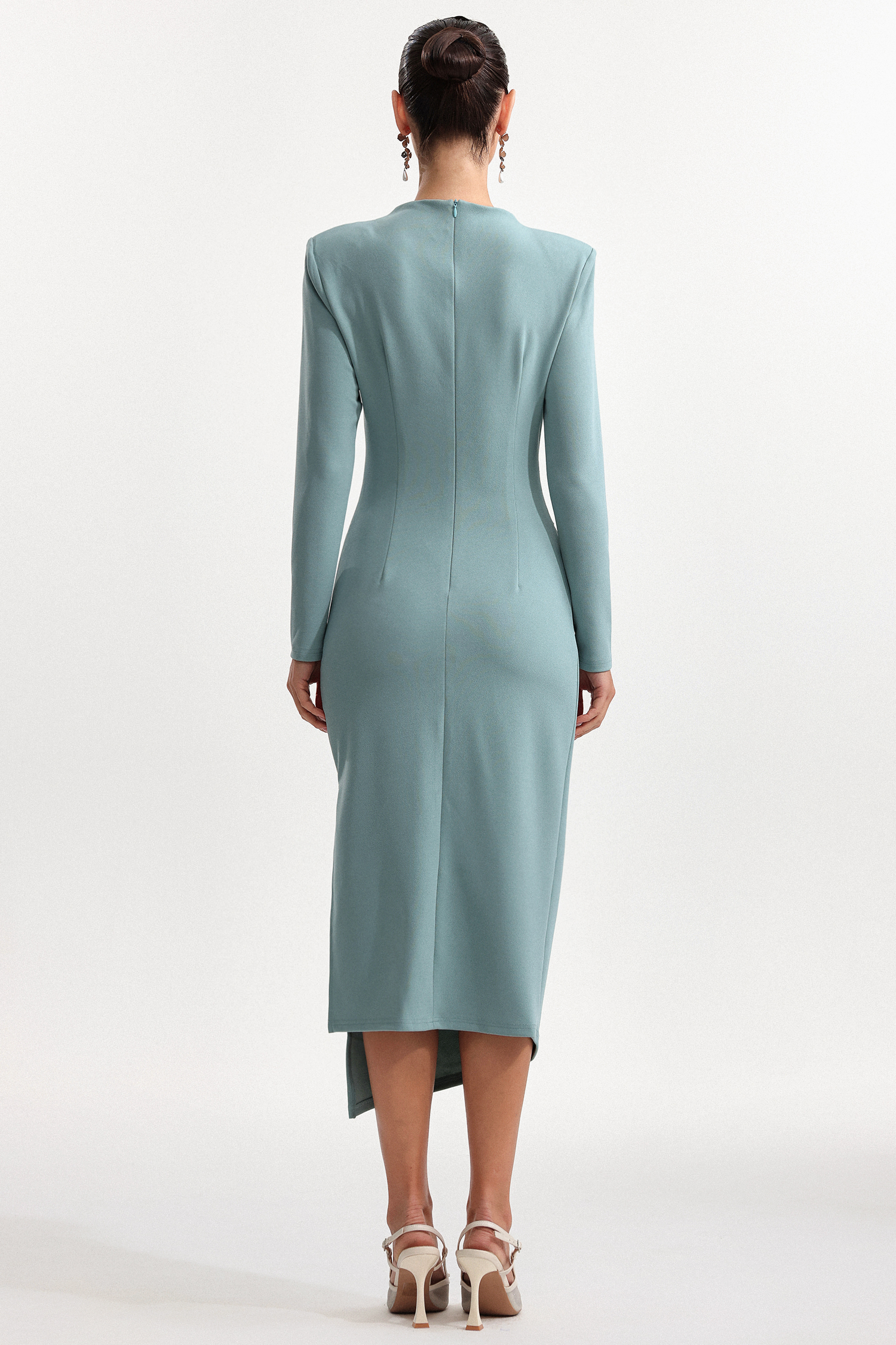 Nina Elegant Cinched Waist Long Sleeve Sequin Floral Pleated Knit Midi Dress