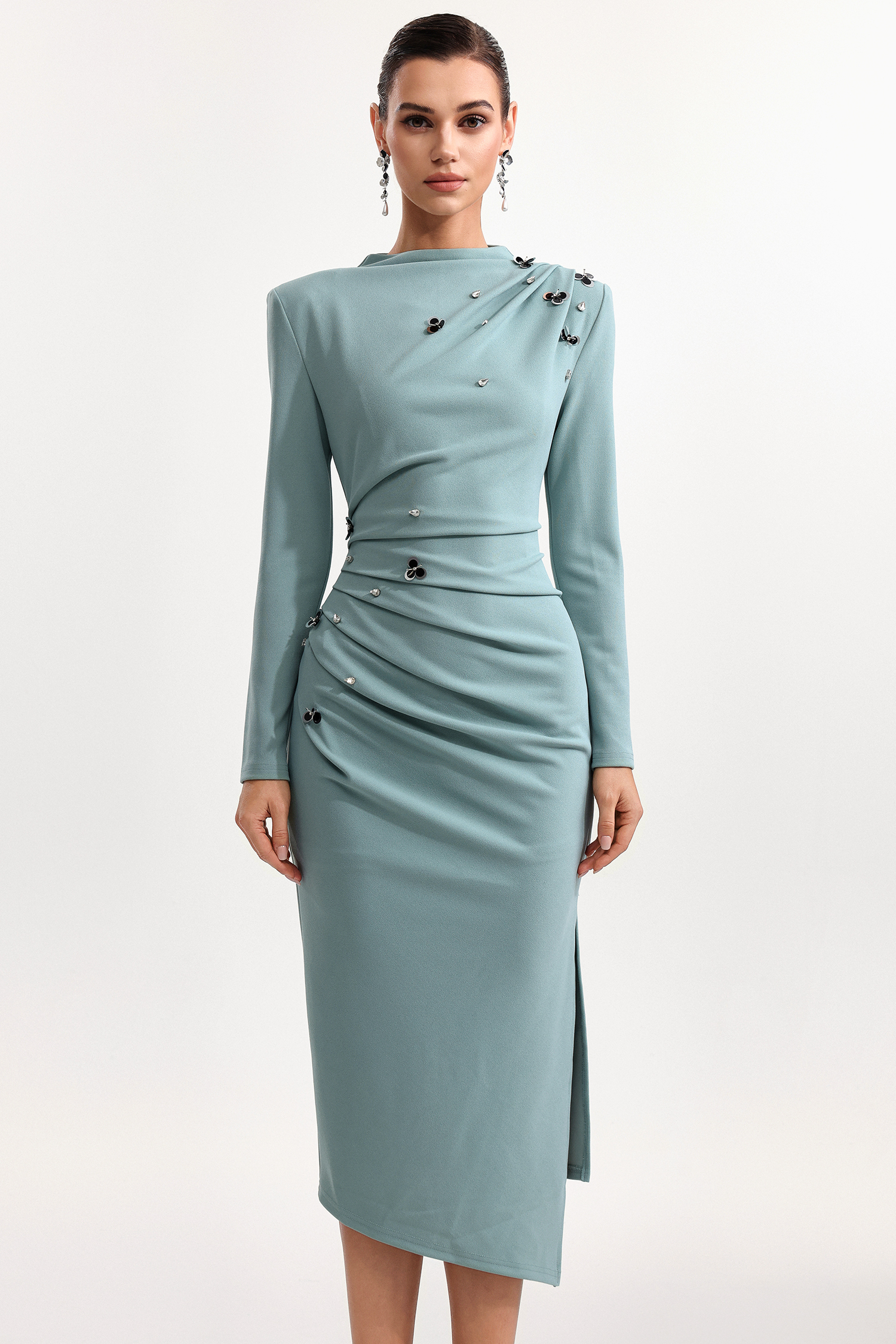 Nina Elegant Cinched Waist Long Sleeve Sequin Floral Pleated Knit Midi Dress