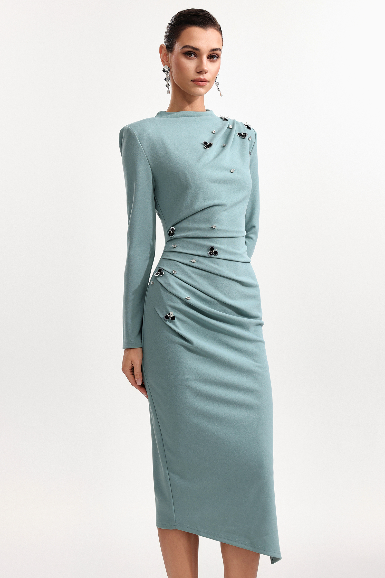 Nina Elegant Cinched Waist Long Sleeve Sequin Floral Pleated Knit Midi Dress