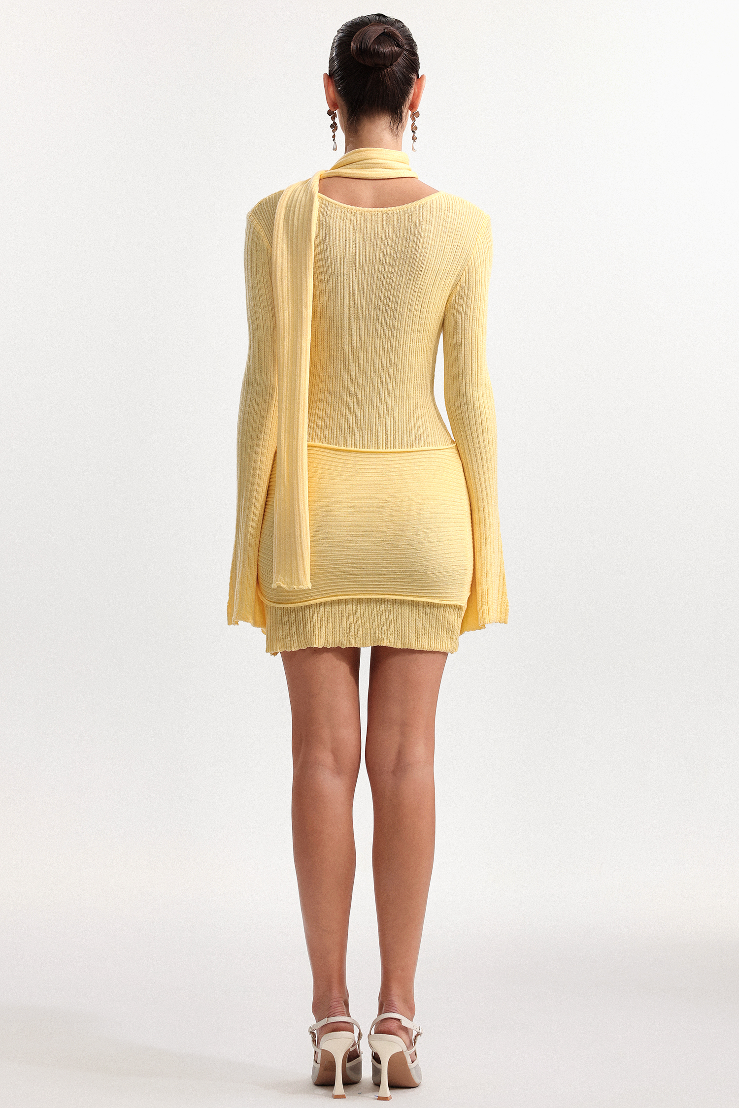 Nesya Chic Cinched Waist V Neck Long Sleeve Knot Knit Mini Dress