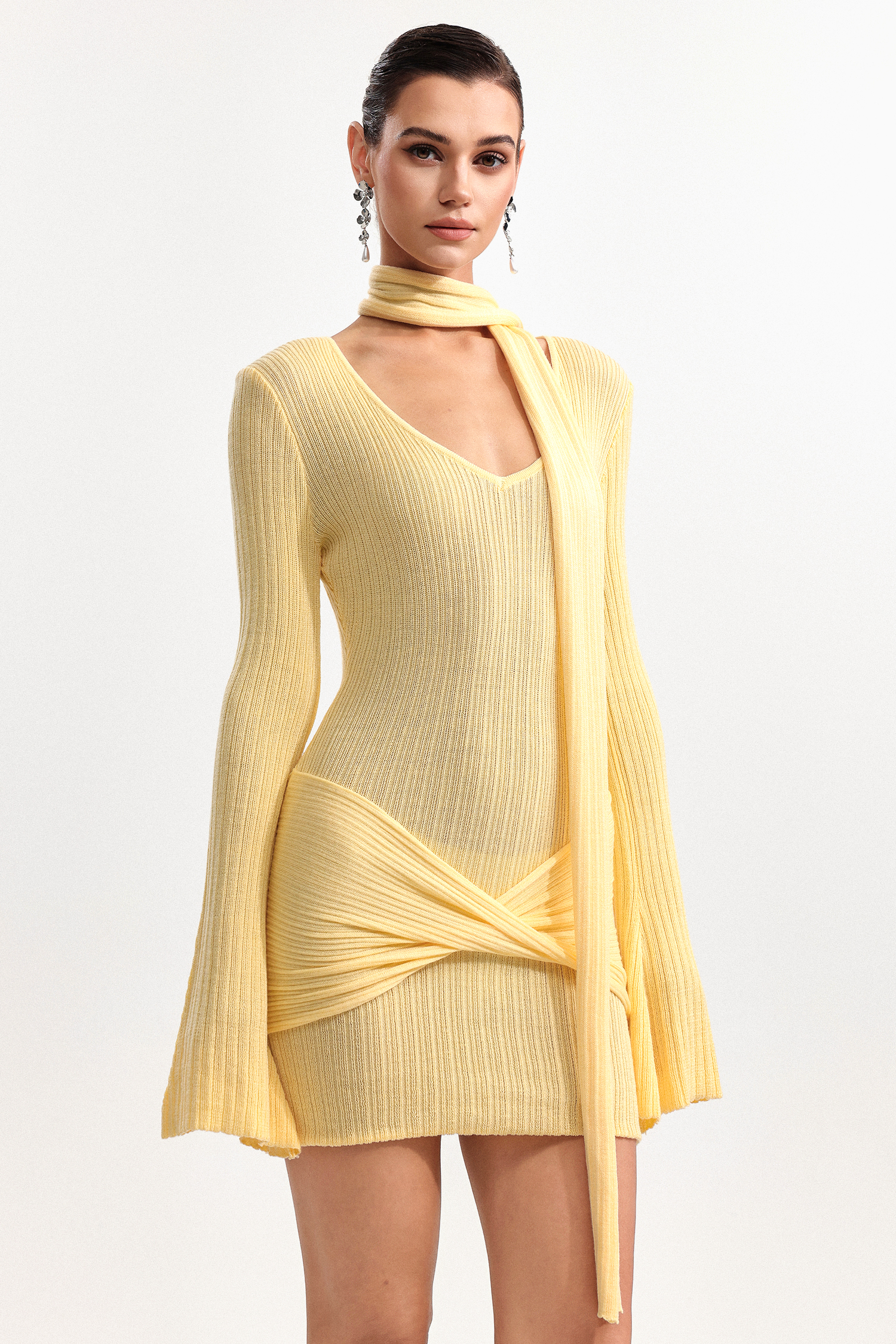 Nesya Chic Cinched Waist V Neck Long Sleeve Knot Knit Mini Dress