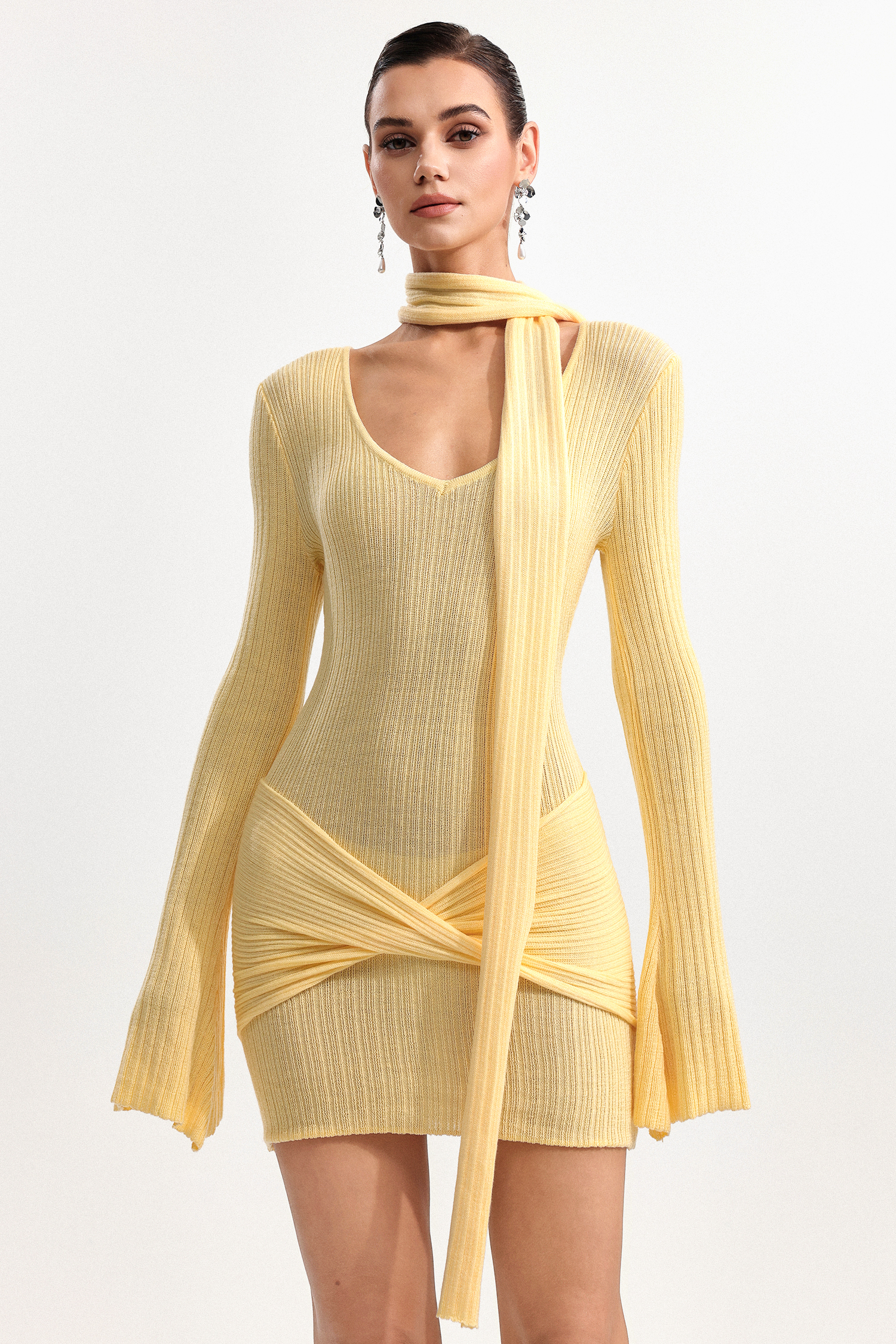 Nesya Chic Cinched Waist V Neck Long Sleeve Knot Knit Mini Dress