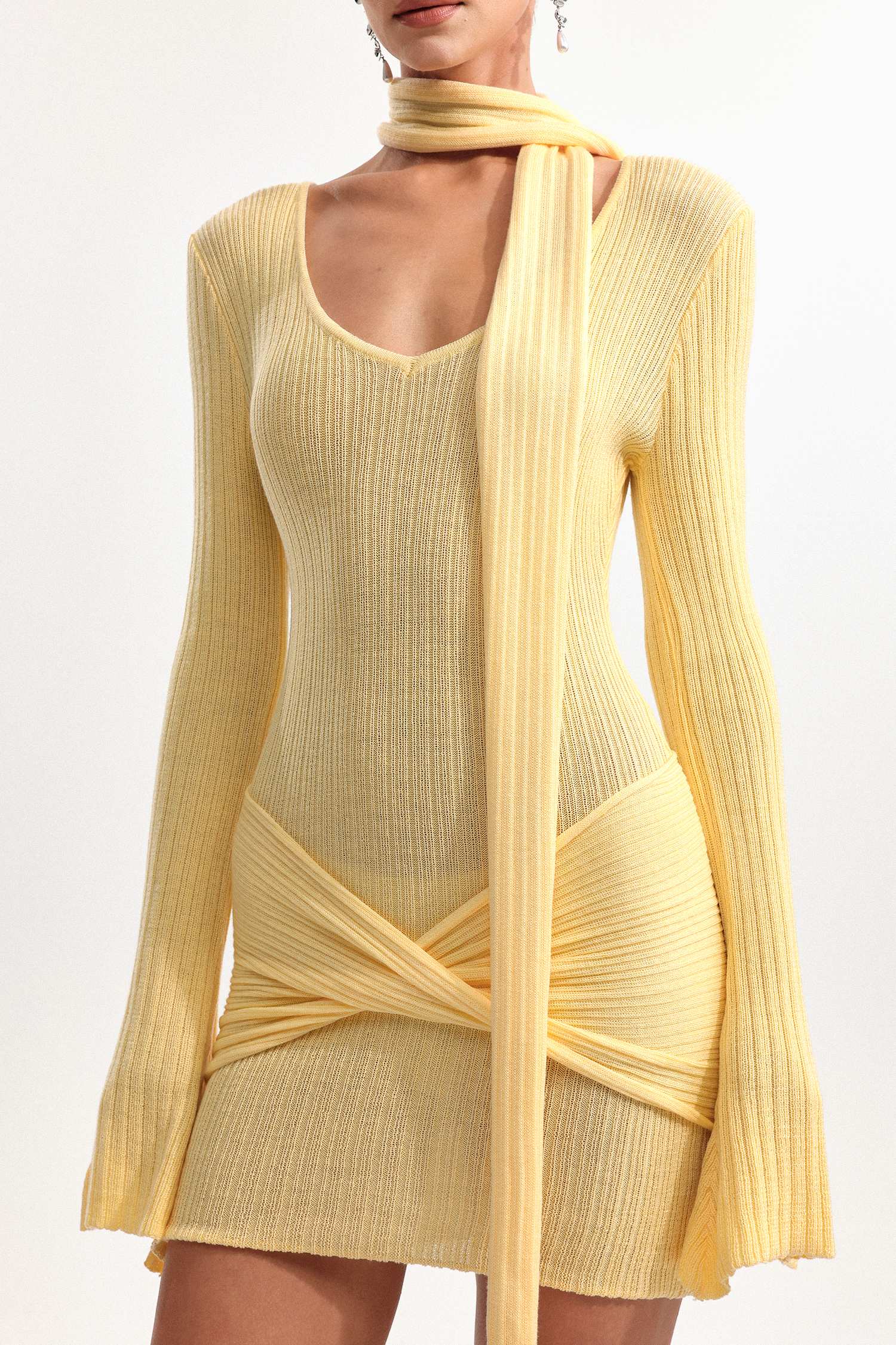 Nesya Chic Cinched Waist V Neck Long Sleeve Knot Knit Mini Dress