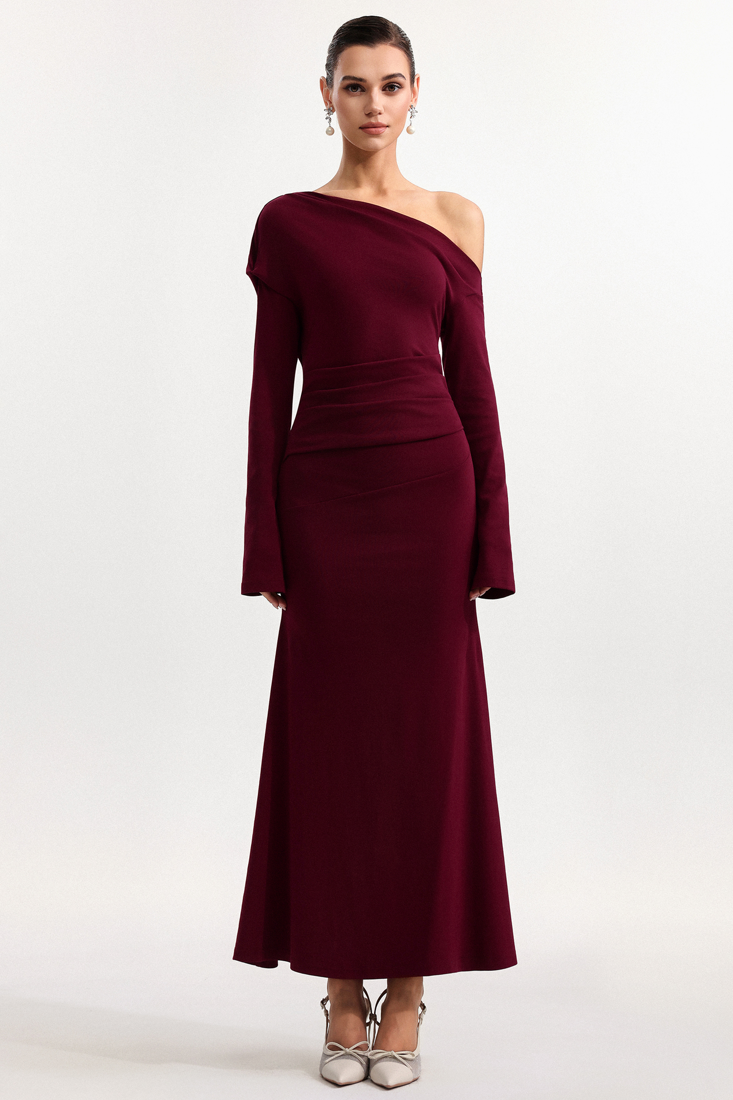 Etta Elegant Cinched Waist Off Shoulder Long Sleeve Knit Maxi Dress