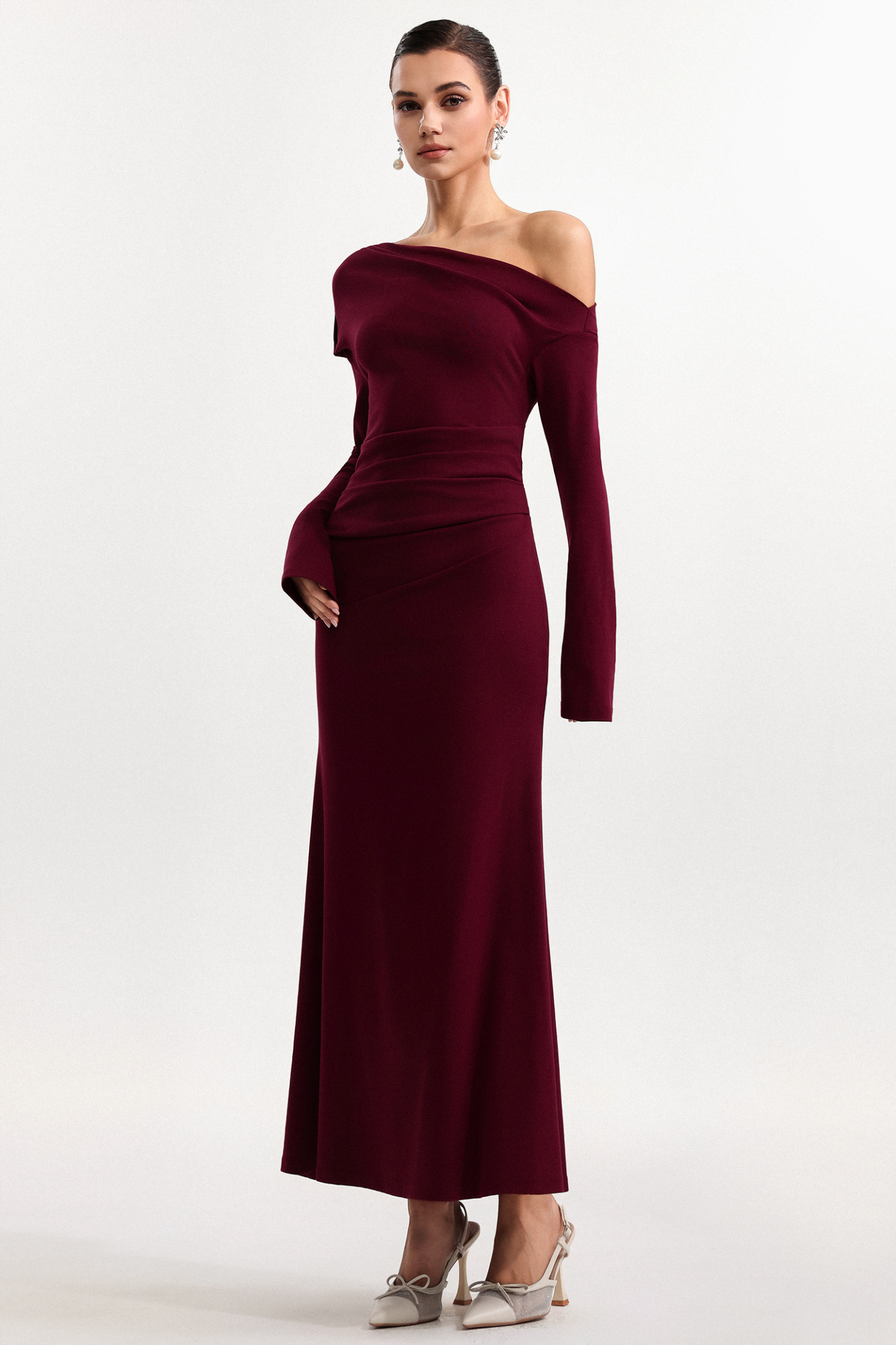 Etta Elegant Cinched Waist Off Shoulder Long Sleeve Knit Maxi Dress