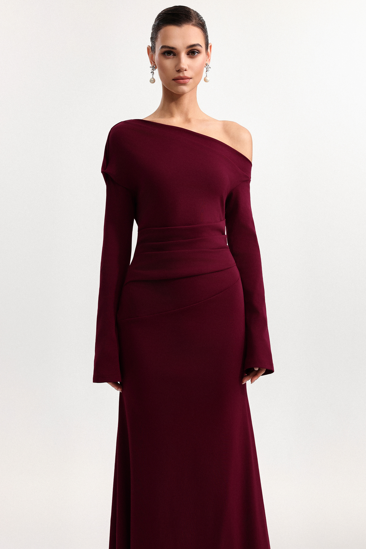 Etta Elegant Cinched Waist Off Shoulder Long Sleeve Knit Maxi Dress