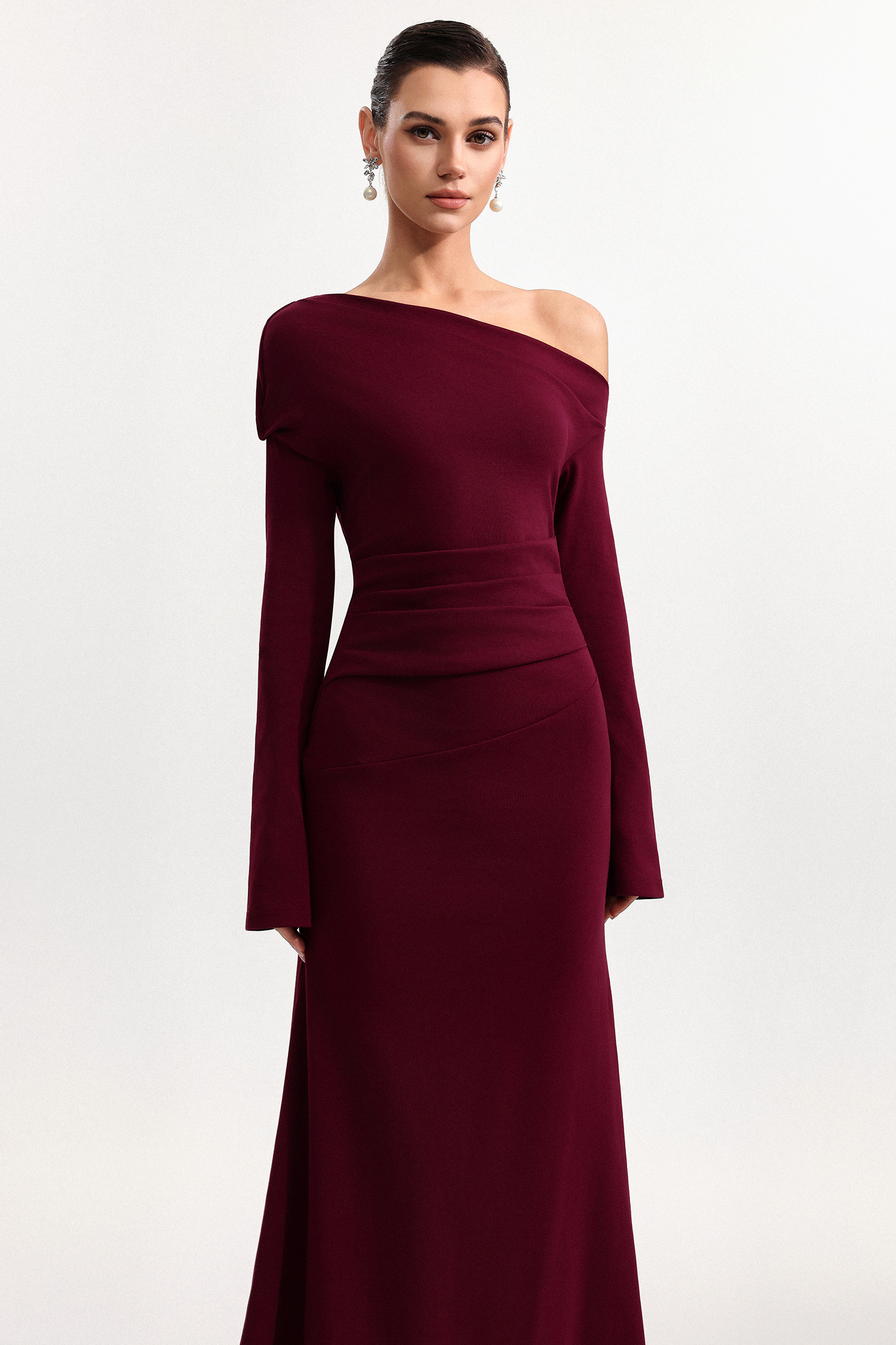 Etta Elegant Cinched Waist Off Shoulder Long Sleeve Knit Maxi Dress