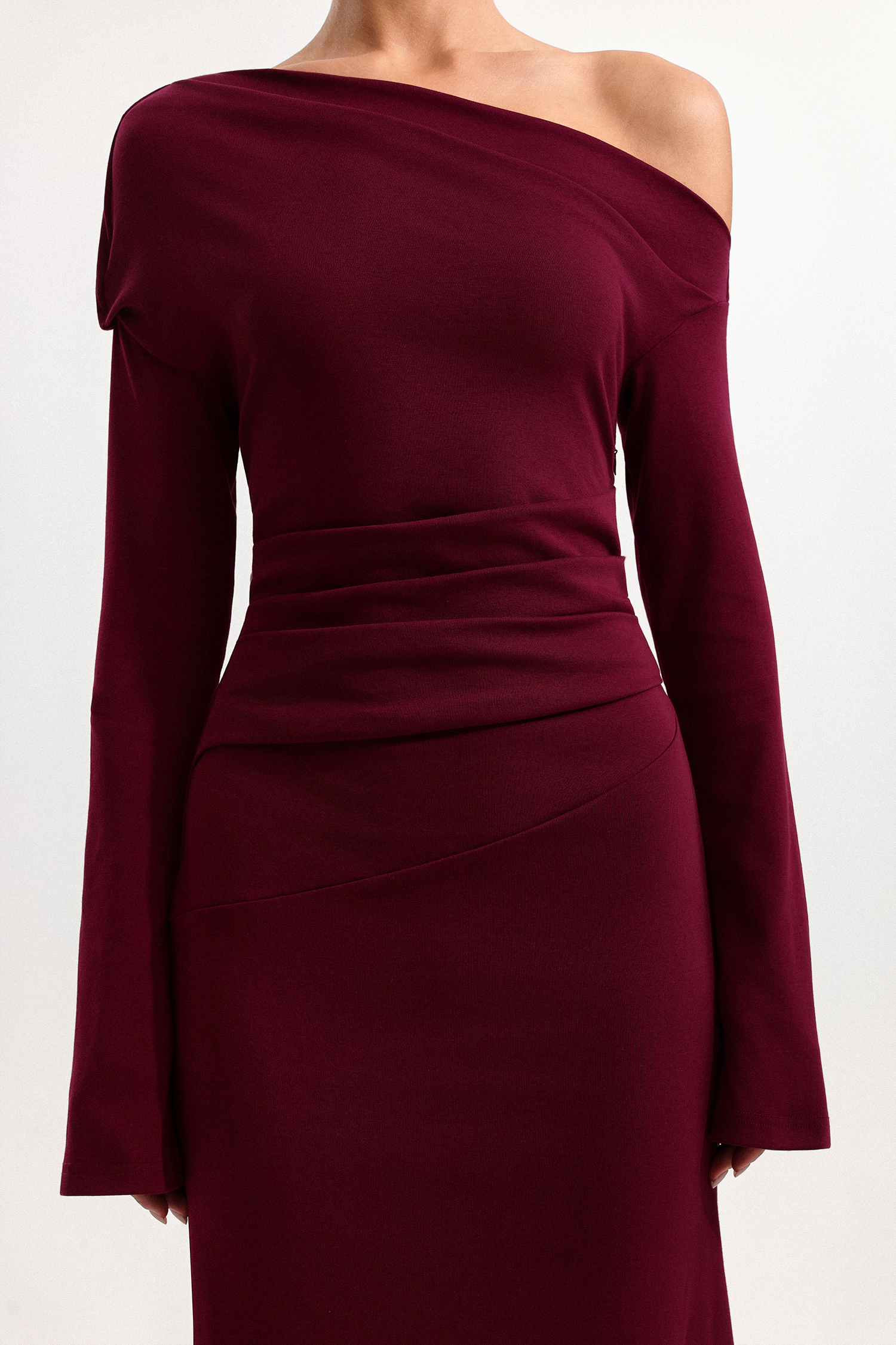 Etta Elegant Cinched Waist Off Shoulder Long Sleeve Knit Maxi Dress