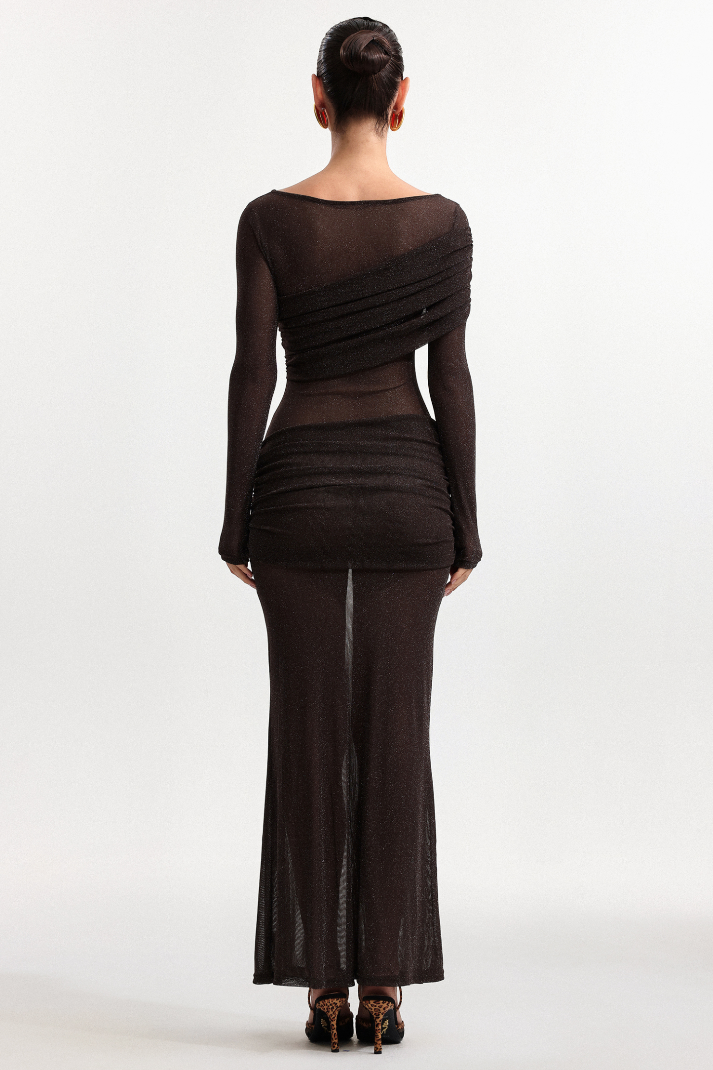 Moony Elegant Contour Long Sleeve Pleated Mesh Maxi Dress